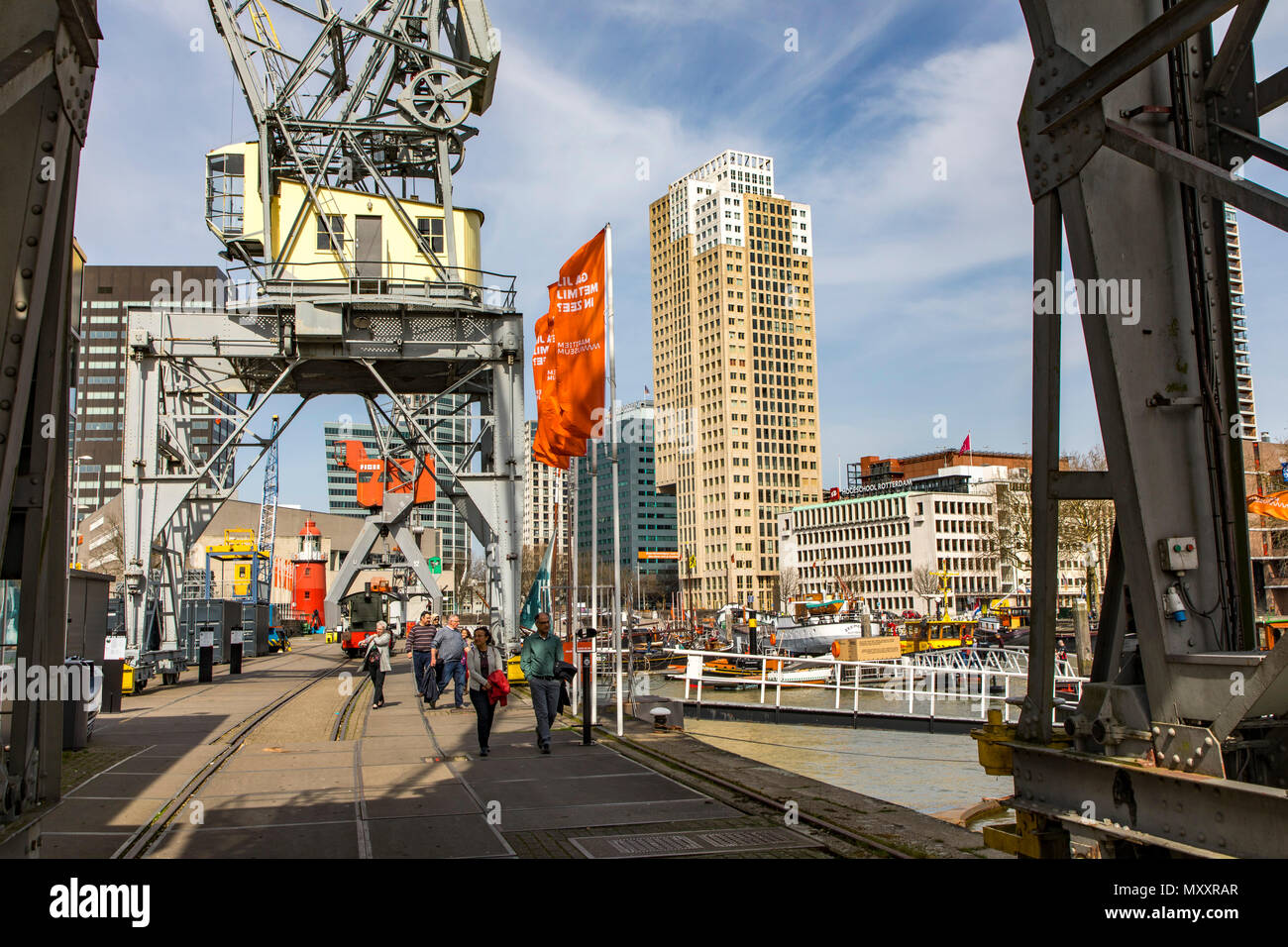 Die Innenstadt von Rotterdam, Leuvehaven, historischen Hafen, historische Schiffe, Docks, Maritime Museum, Niederlande, Stockfoto