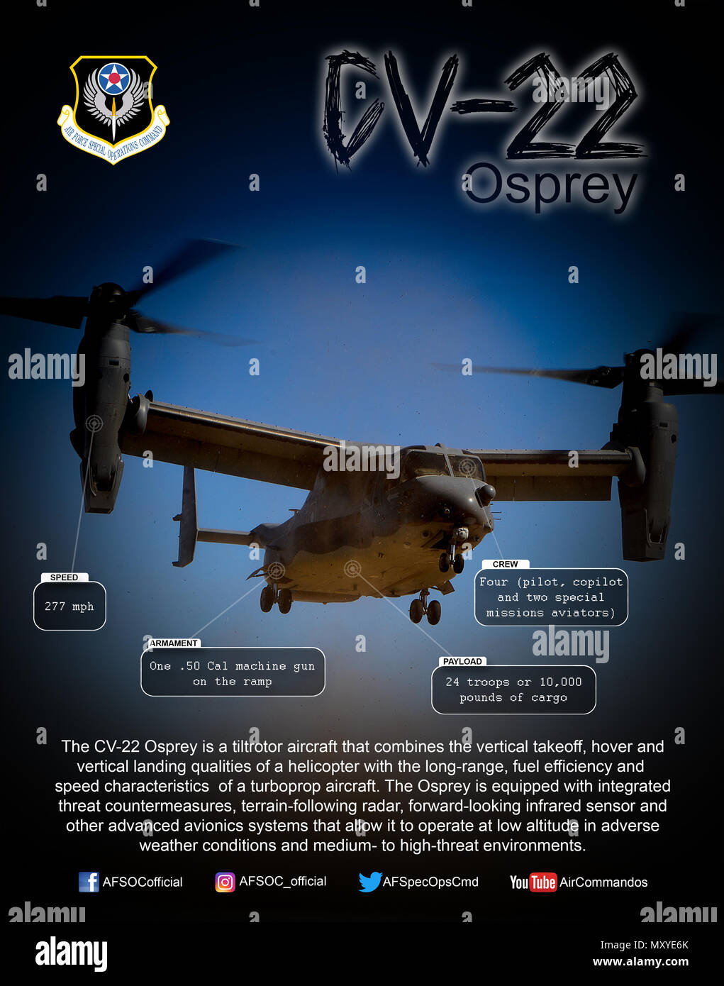 Die CV-22 Osprey ist ein tiltrotor Aircraft, kombiniert die vertikale Start, schweben und vertikale Landung Qualitäten von einem Hubschrauber mit großer Reichweite, Kraftstoffverbrauch und Geschwindigkeit Merkmale einer Turboprop-flugzeuge. Der fischadler ist mit integrierter Bedrohung Gegenmaßnahmen, Terrain - nach Radar, Infrarot Sensor- und andere fortschrittliche Avionik Systeme, mit denen es in niedriger Höhe bei widrigen Wetterbedingungen und mittlerer bis hoher Bedrohung Umgebungen zu betreiben. Stockfoto