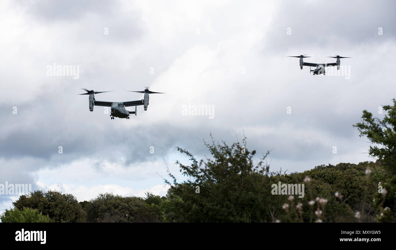 Us Marine Corps MV-22 Fischadler mit speziellen Zweck Marine Air-Ground Task Force-Crisis Response-Africa Ansatz der Landezone für die Teilnahme an einem taktischen Recovery von Flugzeugen und Personal (Trap) Training Mission während der Joint STARS, ein bilaterales Training übung mit der Italienischen Streitkräfte und US-Marines, in Salto di Quirra, Sardinien, 15. Mai 2018. SPMAGTF-CR-AF eingesetzt Krise - Reaktion und Theater - Security Operations in Europa und Nordafrika zu führen. (U.S. Marine Corps Foto: Staff Sgt. Britni M. Garcia Grün/Freigegeben) Stockfoto