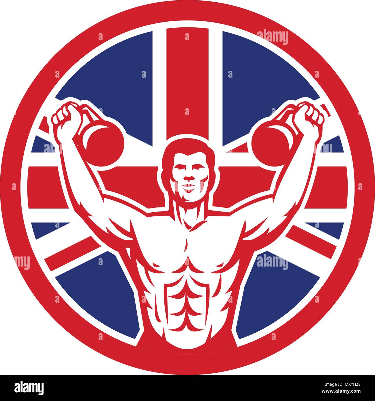 Symbol Retro Stil Abbildung eines Britischen körperliche Fitness buff Training mit kettlebell und Vereinigtes Königreich Großbritannien, Großbritannien Union Jack Flagge im Set Stock Vektor