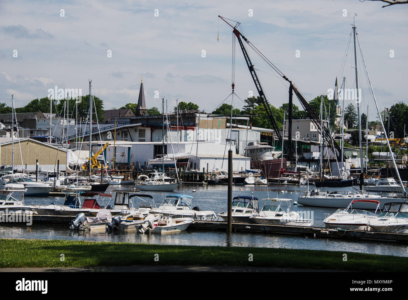 Anstrengenden morgen Hafen Szene im Frühjahr und Sommer in Mamaroneck Harbour Island, NY Stockfoto