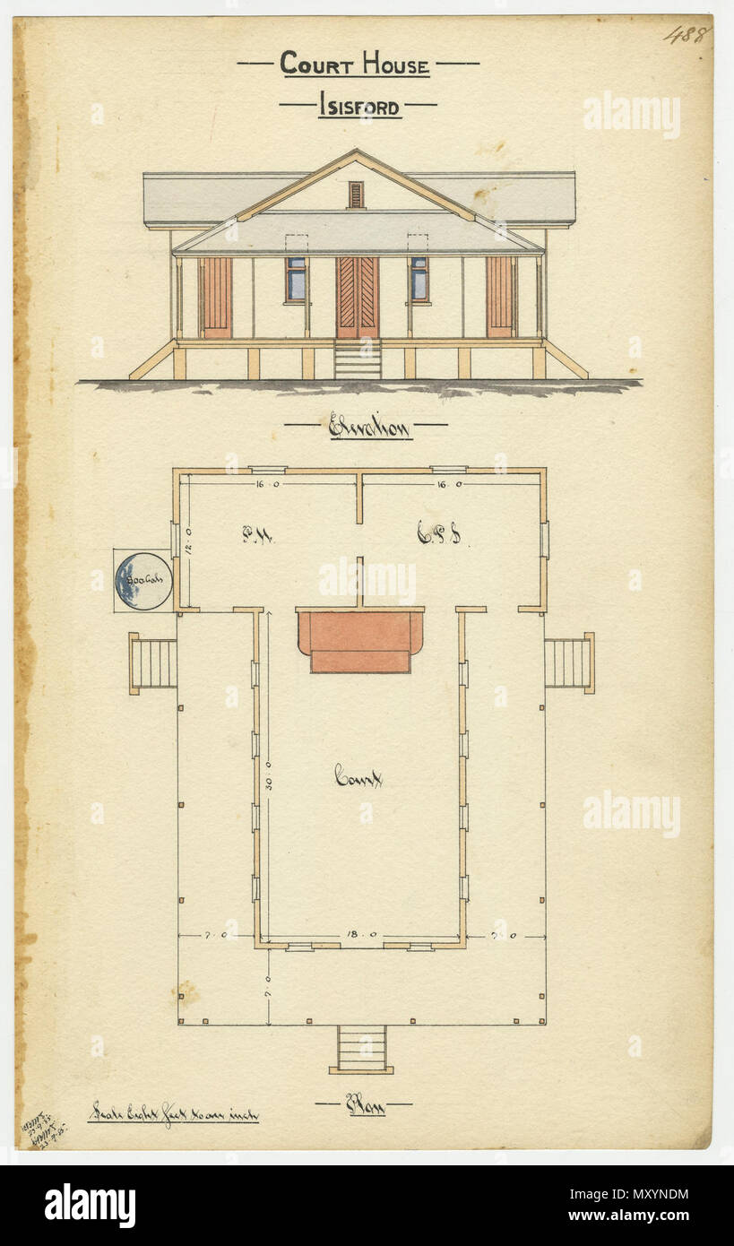 Architektonische Zeichnung des Court House, Isisford, 23. September 1885. Stockfoto