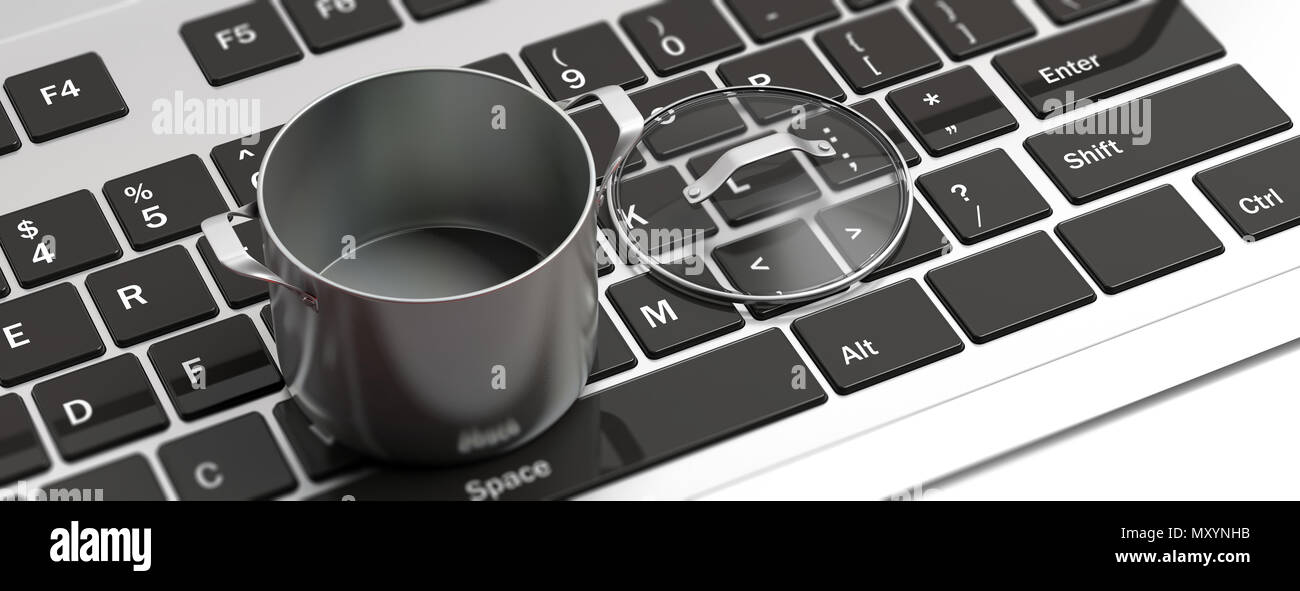 Online bestellen oder Rezept Konzept. Edelstahl Kochtopf mit Glasdeckel auf dem Computer keaboard, Banner. 3D-Darstellung Stockfoto