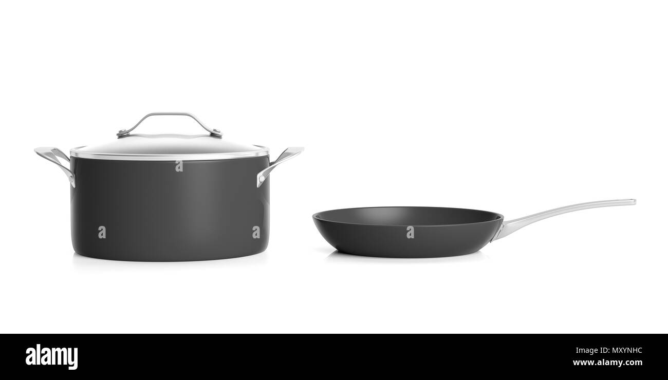 Schwarz Edelstahl Kochtopf mit Glasdeckel und Braten auf weißem Hintergrund pan. 3D-Darstellung Stockfoto