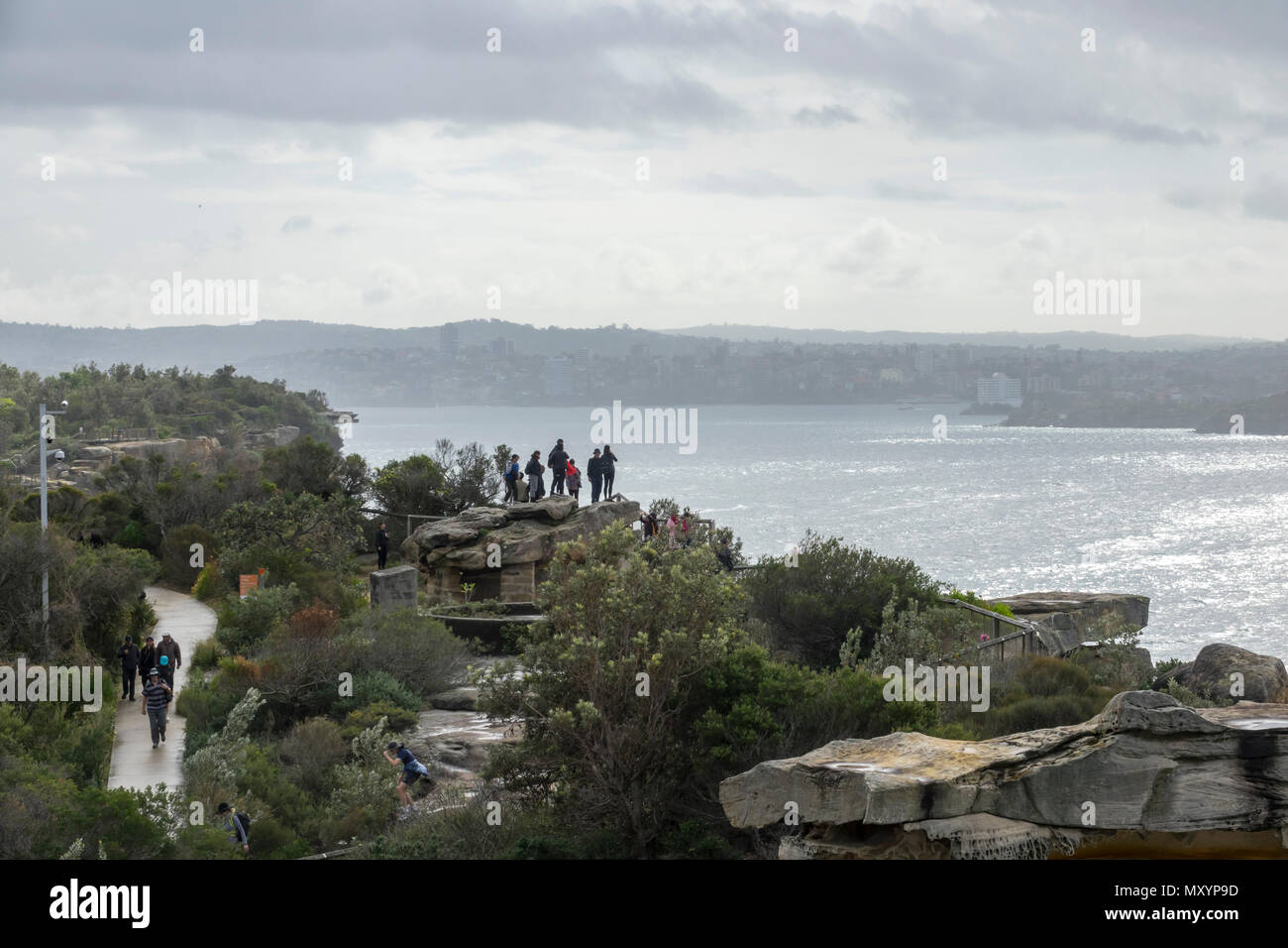 Asiatische Touristen, die über Lady Bay und Sydney Heads aus der South Head Heritage Trail, Sydney Harbour National Park Stockfoto