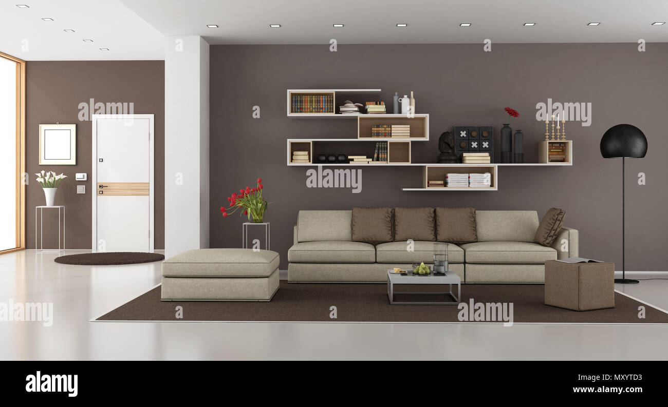 Wohnzimmer von einem modernen Haus mit einem Sofa, Bücherregal und vorderen Türen auf Hintergrund - 3D-Rendering Stockfoto