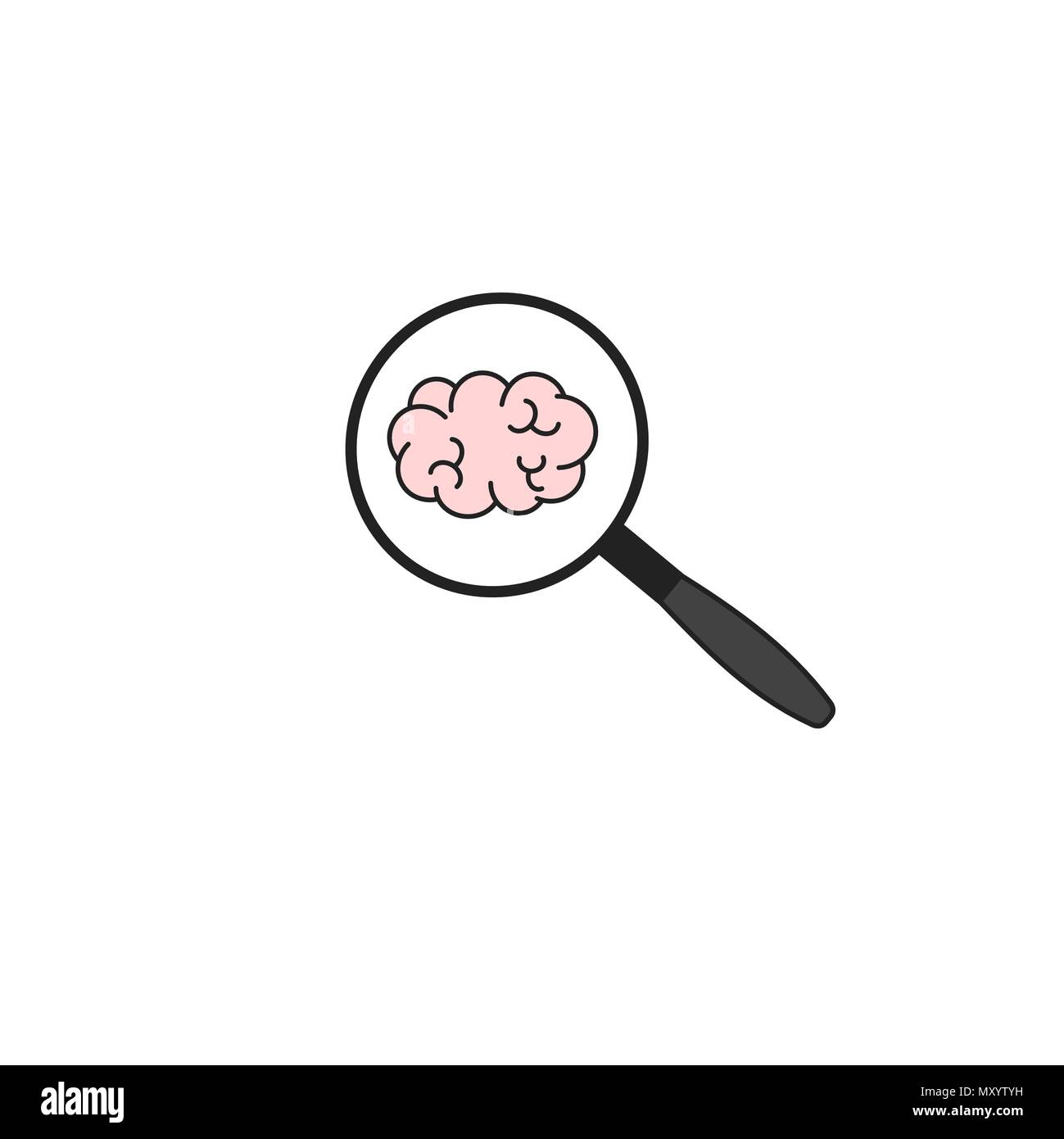 Cute cartoon Vektor doodle Symbol mit Lupe und Gehirn Stock Vektor