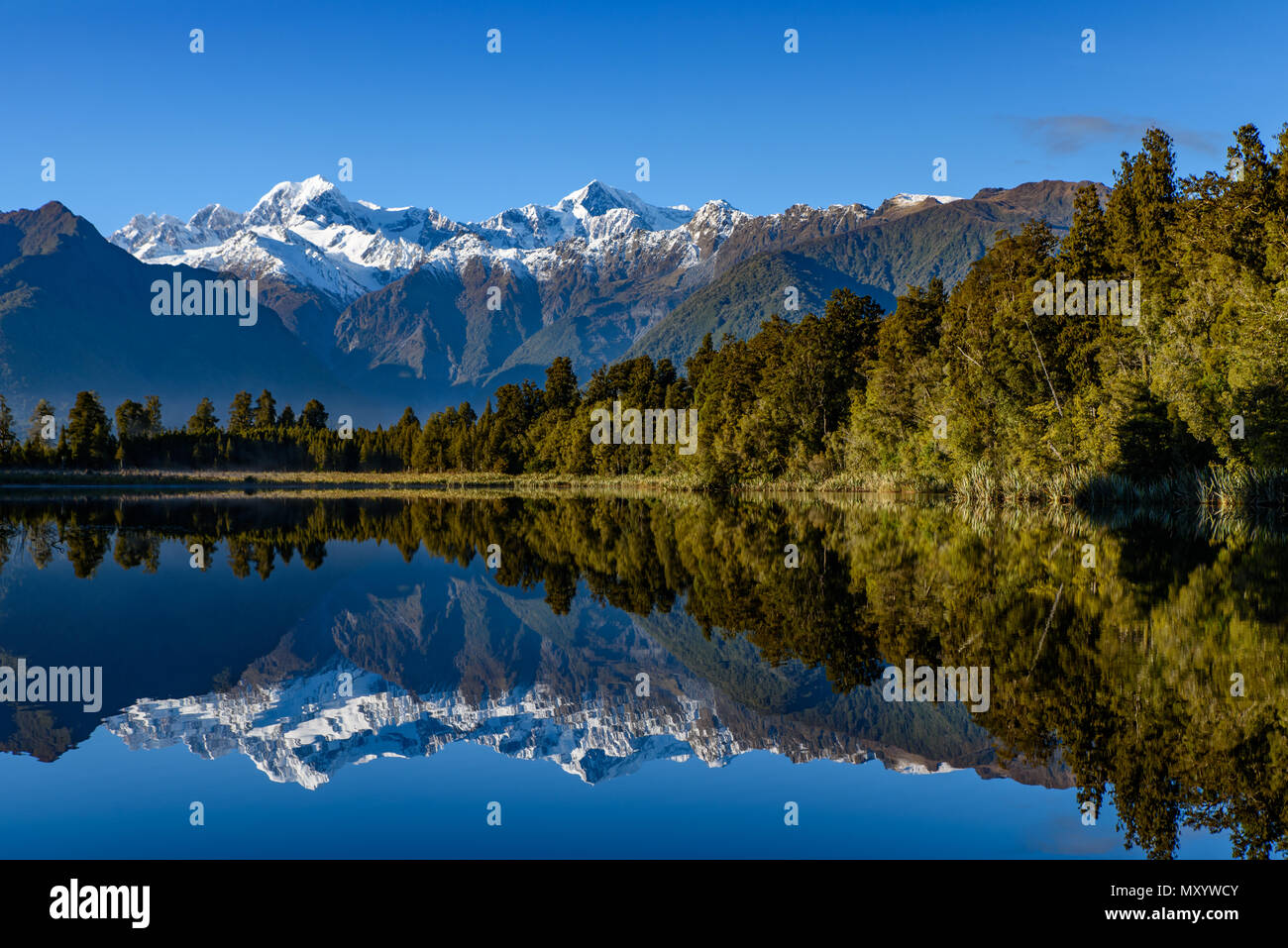 Lake Matheson mit Reflexionen auf dem Wasser, West Coast, Neuseeland Stockfoto