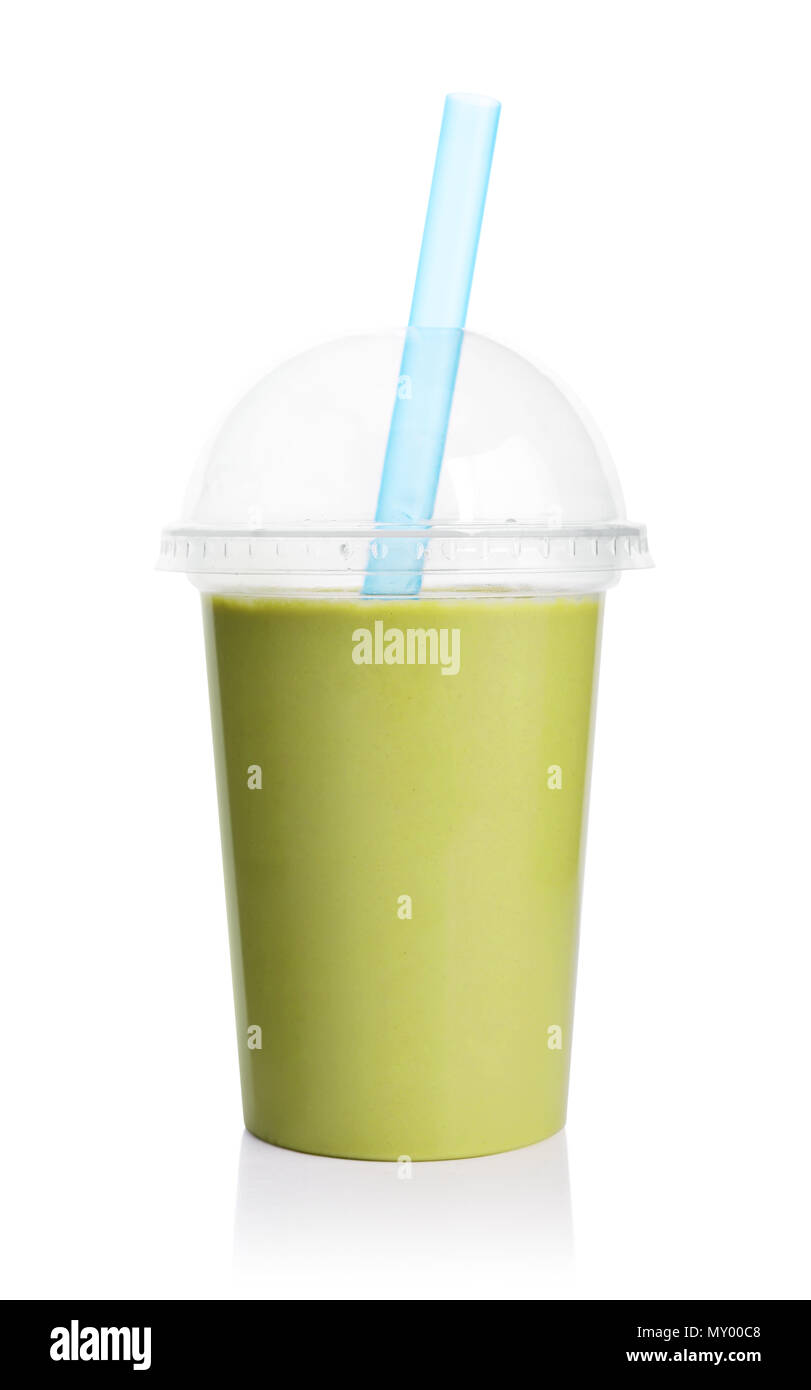 Grüne Smoothie in durchsichtigen Schale auf weißem Hintergrund. Nehmen Getränke Konzept. Stockfoto