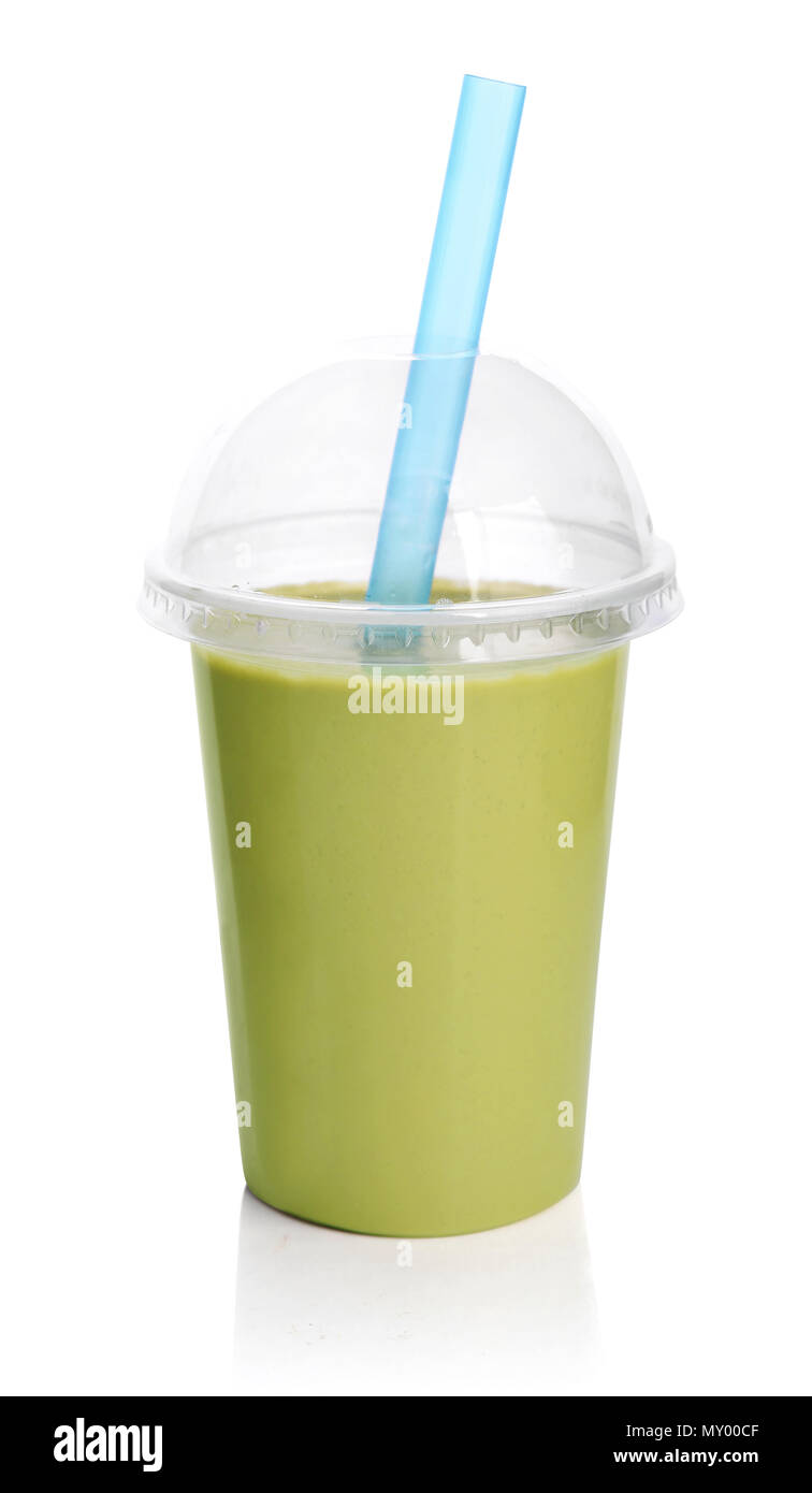 Grüne Smoothie in durchsichtigen Schale auf weißem Hintergrund. Nehmen Getränke Konzept. Stockfoto