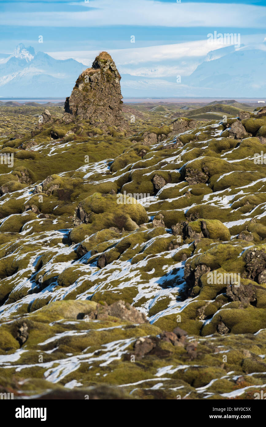 Moos Felsen outcroppings in der Eldrhaun Lavafelder von Island mit Bergen und Gletschern im Hintergrund Stockfoto