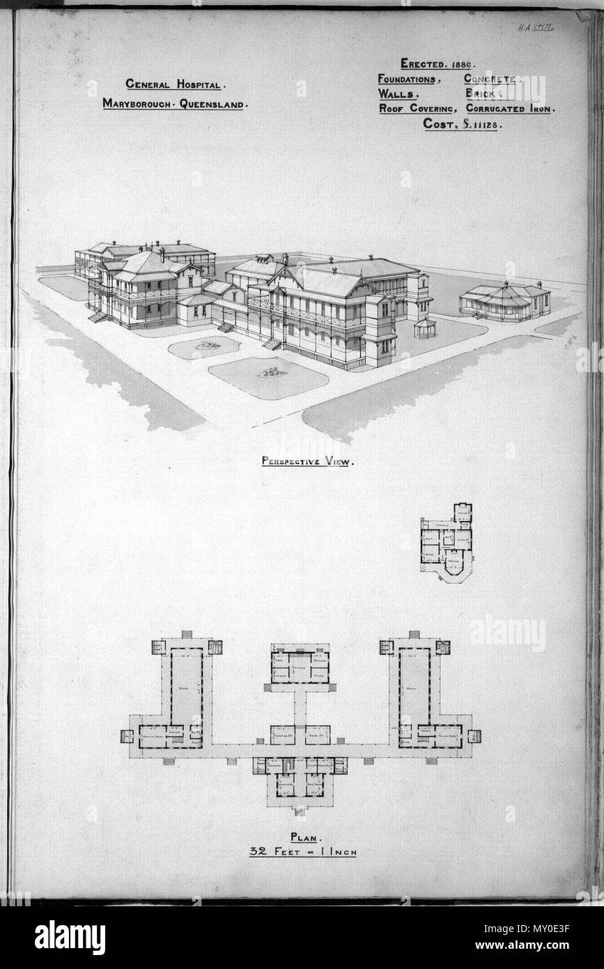 Architektonischen plan von Maryborough Base Hospital, 1888. Im Maryborough Base Hospital in Walker Street errichtet im Jahre 1886. Alternative Namen sind Maryborough General Hospital und Central Hospital. Enthält Materialien und den Kosten für den Bau. Stockfoto