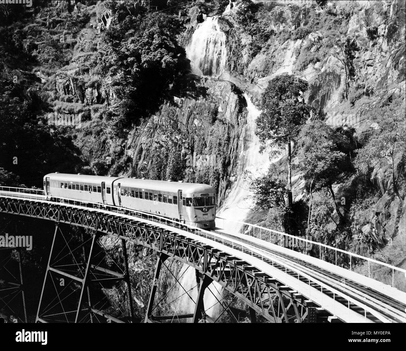 Stony Creek Falls, Cairns Region, c 1966. Stony Creek Falls ist eines der beeindruckendsten Merkmale der Eisenbahn zwischen Cairns und Kuranda. Der Zug ist für Ravenshoe bestimmt. Stockfoto