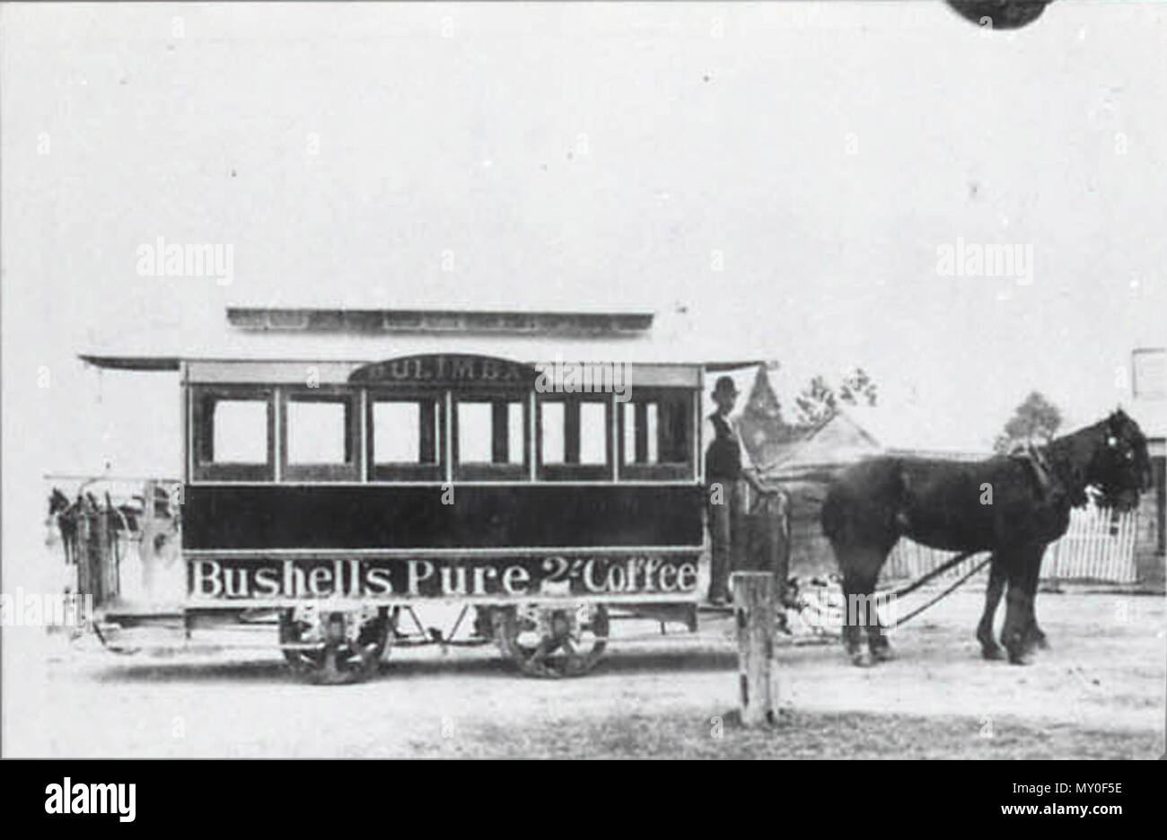 Das erste Pferd der Straßenbahn in Brisbane, c 1880. Die Brisbane Courier Wed 28 Nov 1888 Brisbane Straßenbahn Unternehmen [...] Seit dem Druck des Berichts, die das Unternehmen dem Townsville Omnibus Unternehmen eine erhebliche Anzahl der Pferde, die für die Brisbane Verkehr ungeeignet waren verkauft hatte, und war früher auf der Feeder verwendet worden. Sie hatten auch entsorgt werden vier Wagen und drei Omnibus, die Partie kommen zu fast £ 700. Dies hatte das Unternehmen eine beträchtliche Anzahl der Tiere und Fahrzeuge, für die sie hatten keine gegenwärtige Nutzung erleichtert, und Sie hatten vereinbarten Zahlung für diese Rollen zu übernehmen und diese Hors Stockfoto