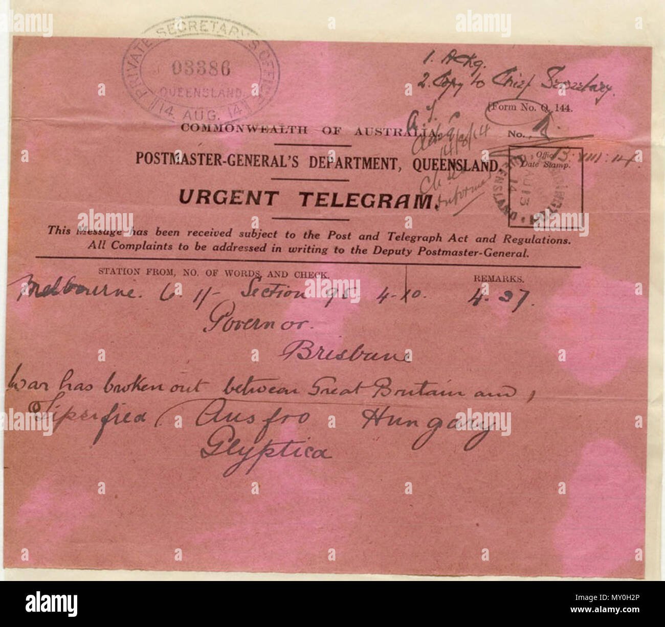 Codierte Telegramm an den Gouverneur von Queensland zu zeigen, dass Krieg. Eine Woche nach Empfang dieses Telegramm, Queensland nahm der außerordentlichen Schritt einer Erteilung einer Proklamation, die unabhängig von der Commonwealth, der Krieg ausgebrochen war. Die Proklamation wurde von Sir Arthur Morgan, der Vizegouverneur, der Präsident des Legislativrates und Vizeadmiral der Staat Queensland ausgestellt. Stockfoto