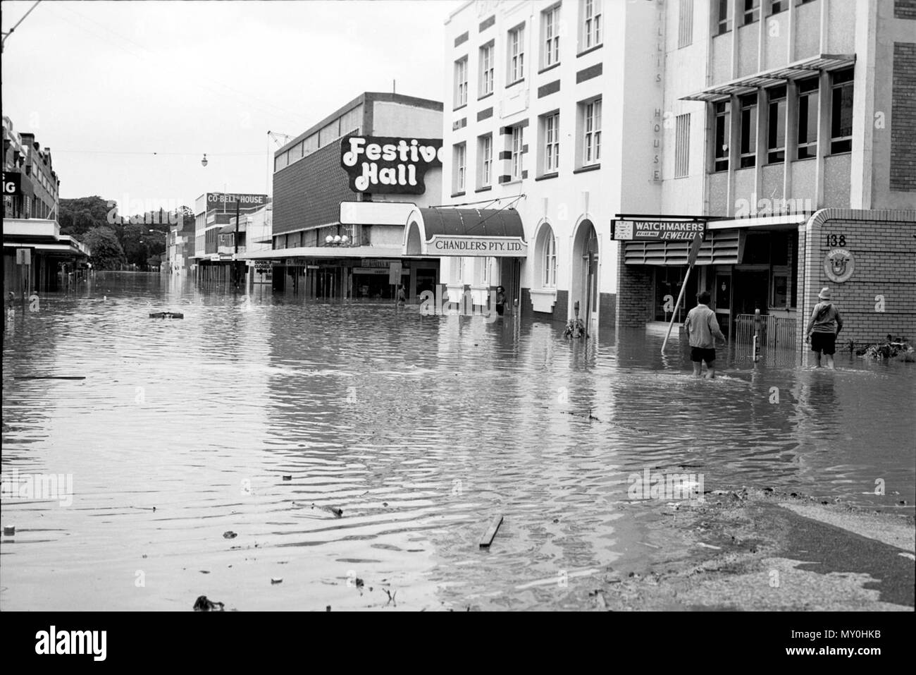 Festival Hall und der Albert Street während des Brisbane River Flood,. Stockfoto