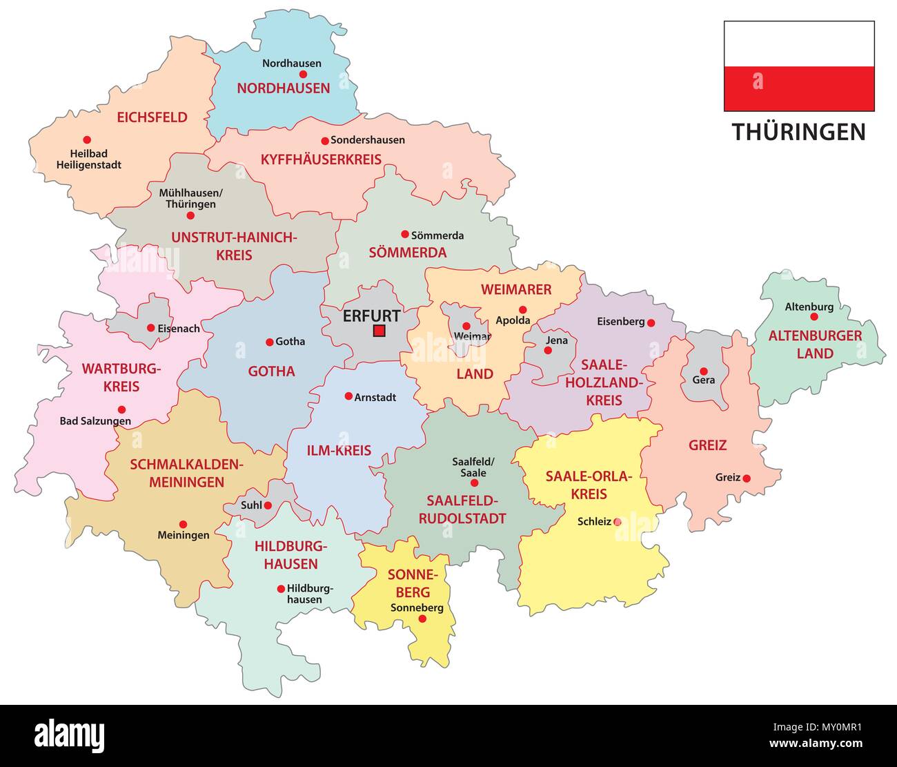 Thüringen administrative und politische Vektorkarte mit Fahne Stock Vektor