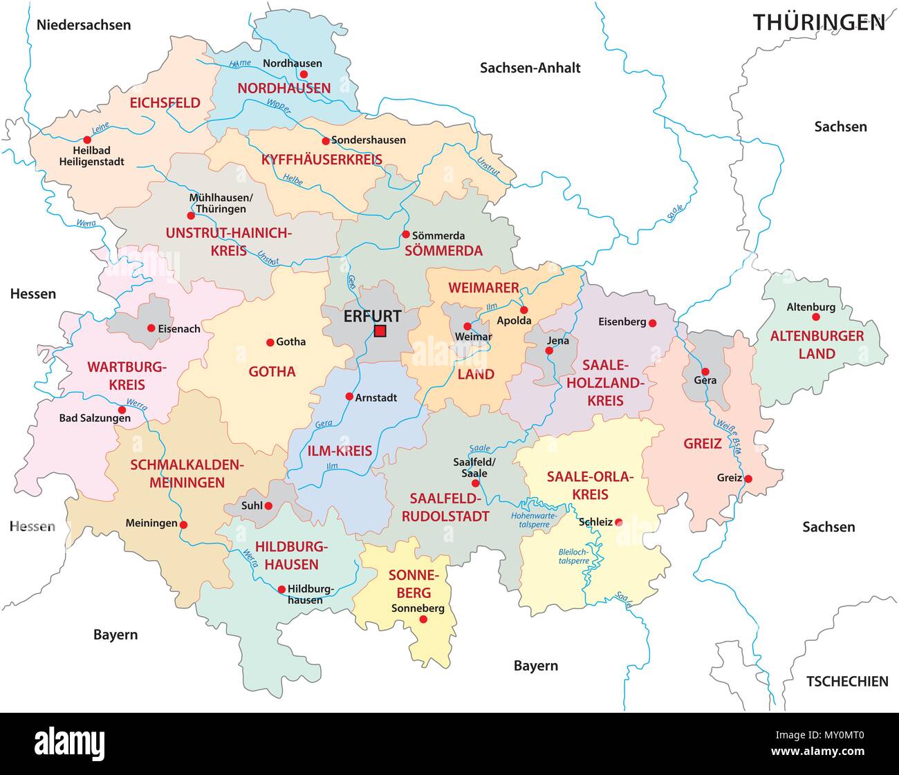 Thüringen administrative und politische Vektorkarte Stock Vektor