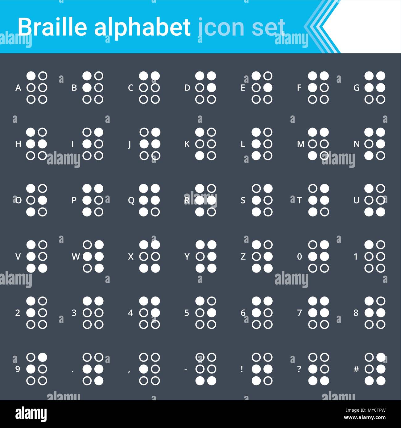 Moderne, streichelte Braille Alphabet Symbole auf dem dunklen Hintergrund isoliert Stock Vektor