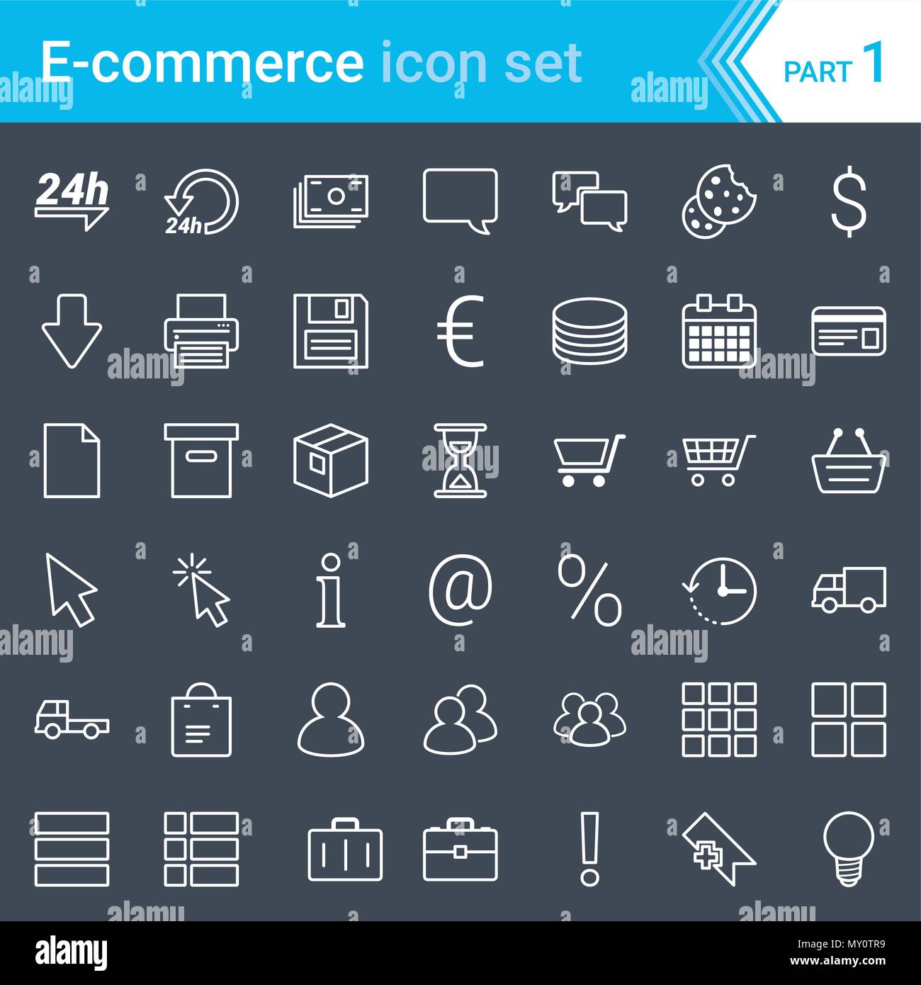 Moderne, streichelte e-commerce Icons auf dunklem Hintergrund isoliert Stock Vektor
