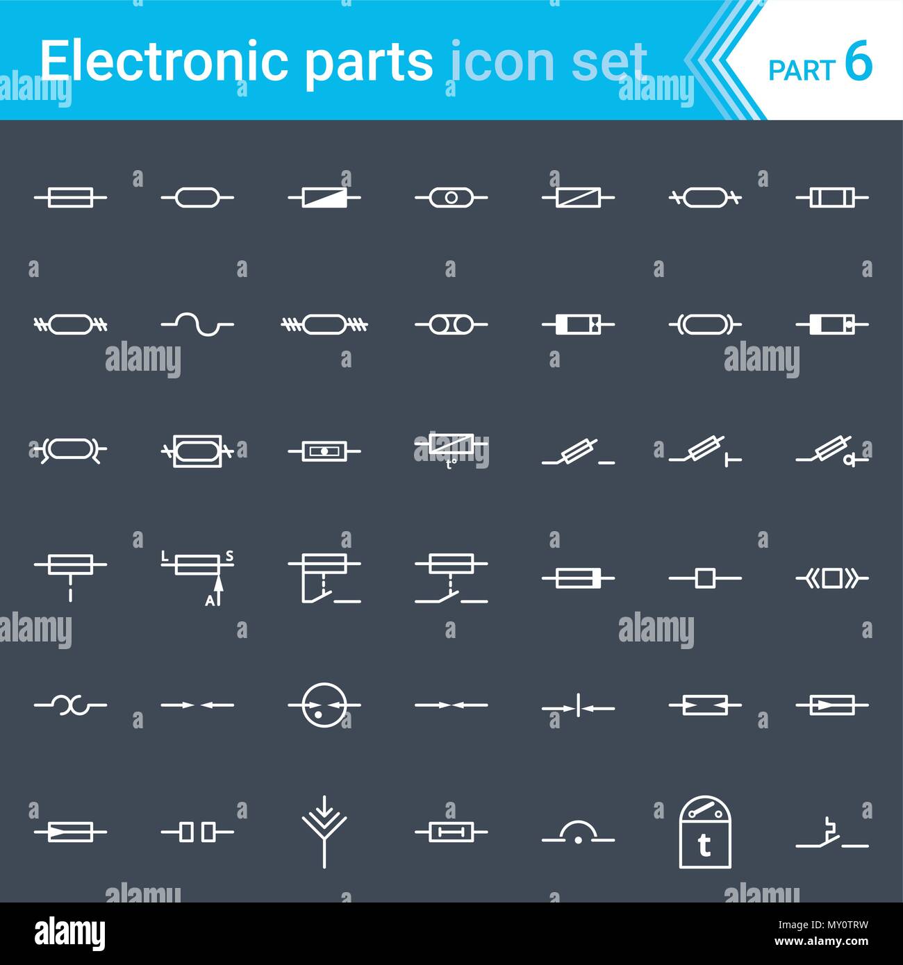 Elektrische und elektronische Icons, Schaltplan Symbole. Sicherungen und elektrische Schutz Symbole. Stock Vektor