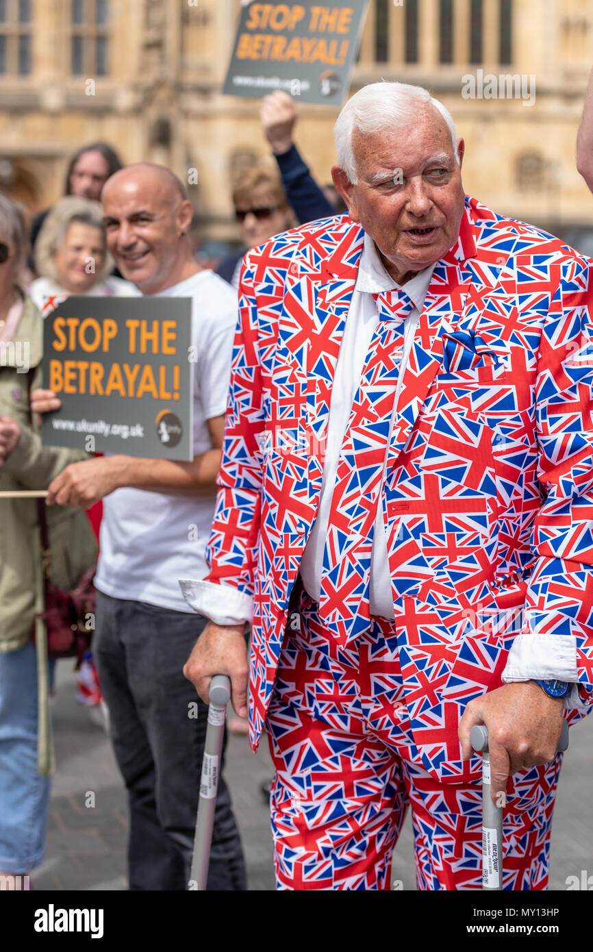 London, 5. Juni 2018, Anti Brexit Anhänger hielt einen Protest vor dem House of Commons und tauschten Beleidigungen mit Pro brexit Unterstützer auf der anderen Straßenseite Credit Ian Davidson/Alamy leben Nachrichten Stockfoto