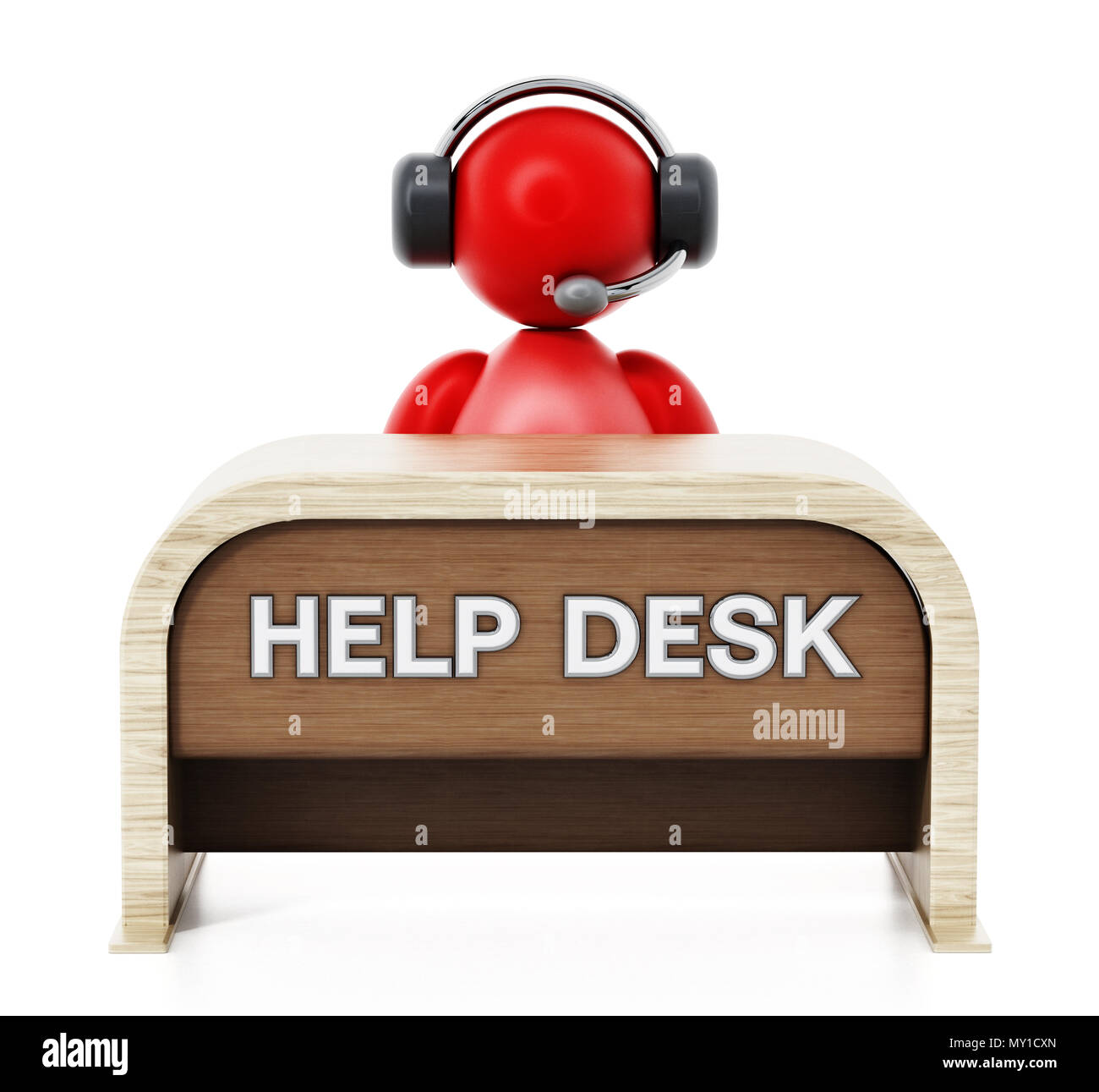 Vertreter des Kunden mit Headset sitzen auf den Helpdesk. 3D-Darstellung. Stockfoto