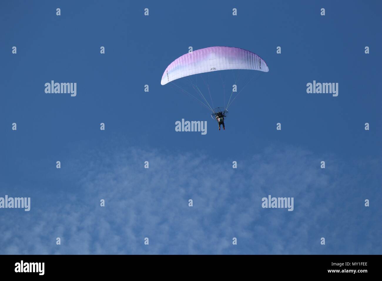 Die motorisierten Gleitschirm fliegen auf einer schönen, sonnigen Wintertag über unterhalb der Wolken zu gehen, Melbourne, Australien. Stockfoto