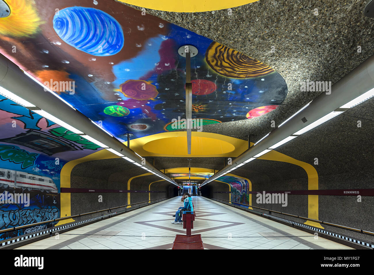 Graffiti design in der U-Bahn Station Rennweg, Nürnberg, Mittelfranken, Bayern, Deutschland Stockfoto