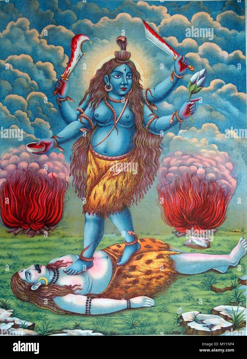 . Deutsch: "Album der populären Drucke auf Stoff Seiten montiert. Farblithographie, beschriftete, eingeschrieben und nummeriert 53. Kali, Halten eines Schädels Schale, zwei Schwerter und einem Lotus, steht auf Shiva. Zwei Einäscherung Feuer im Hintergrund. Kali ist normalerweise im Zusammenhang mit diesem darstellen, aber die beiden Göttinnen praktisch nicht zu unterscheiden." circa 1895. Chore Bagan Art Studio 513 Tara Lithographie Stockfoto