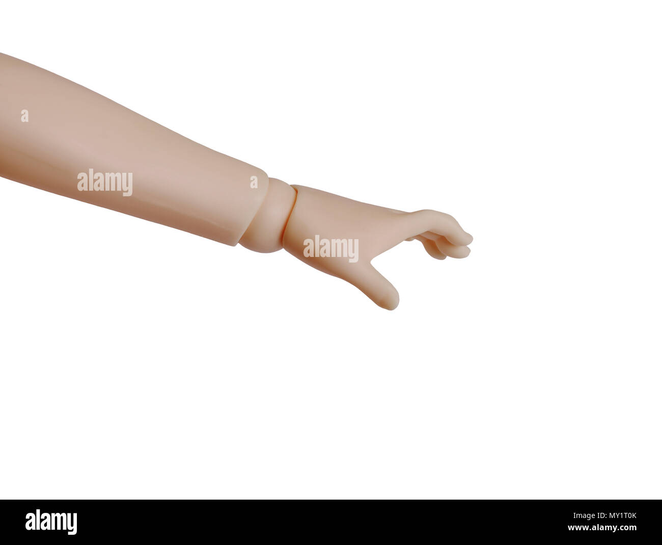 Plastik dummy Hand, denn einige unsichtbare Sache. Auf weissem Hintergrund. Stockfoto