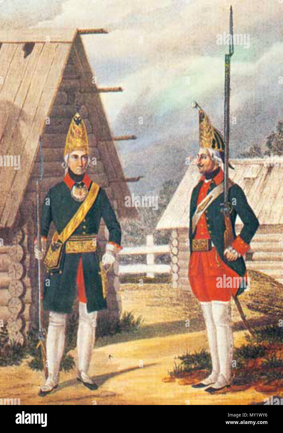 . Russische Infanterie Uniformen in 1756-1762. Grenader private und Ober-Offizier. Litograph, Staatliches Russisches Museum, St.-Petersburg. 19. Unbekannter Künstler des 19. 465 Russische Uniformen in 1756-62 Stockfoto