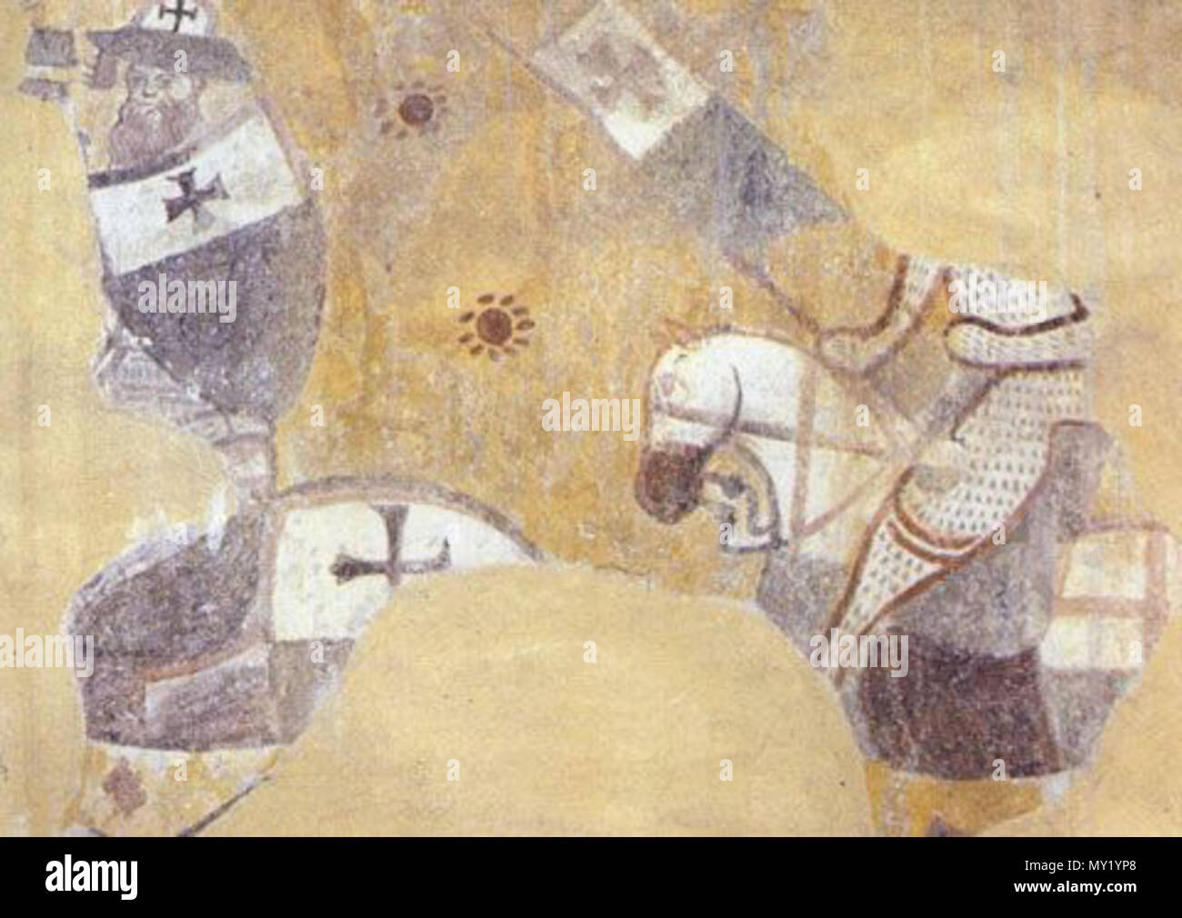 . Englisch: Zentraler Teil der "Schlacht fresco" in San Bevignate, Perugia. Auf der Theke gelegen - Fassade, gegenüber dem Altar, die auf der Wand unterhalb der Rosette. Das Fresko überlebt nur in Fragmenten. Es zeigt einen Kampf zwischen Templern und Sarazenen, versuchsweise als Sack von Nablus von 1242 identifiziert. Dieser zentrale Teil des Freskos zeigt zwei kinghts Templer montiert. Den Oberkörper und die bärtigen Gesicht der Linke ist erhalten geblieben und zeigt ihn mit einer Heizung Schirm bewaffnet, mit der Templer Emblem sowohl auf seinem Helm und seinem Schild. Hinter ihm folgt montiert Templer wi Stockfoto