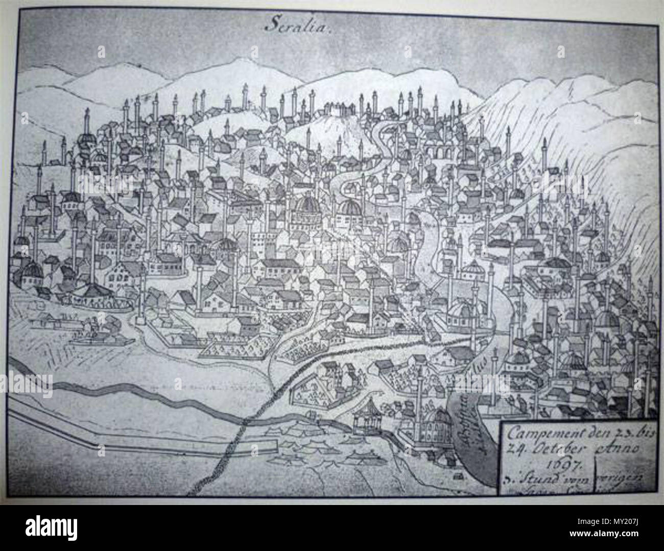 . Englisch: eralia" (Sarajevo) im Jahre 1697 Zur Zeit der Belagerung von Eugene de Savoy. Auszüge aus seinem Tagebuch: 23. Oktober 1697: "Ich habe eine Front auf der rechten Seite der Stadt eröffnet und schickte eine Division zu plündern und Beute: Die Türken haben alle ihre Wertsachen in Sicherheit gebracht, aber es könnte noch genug Beute finden. Am Abend brach ein Feuer aus. Die Stadt ist groß und vollständig öffnen. Es verfügt über 120 schöne Moscheen." Oktober 24, 1697: 'Wir ganz unten haben die Stadt und alle Stadtrand verbrannt. Unsere Truppen, die der Feind gejagt haben, verdirbt geholt, Frauen und auch Kinder. Viele Christen ar Stockfoto