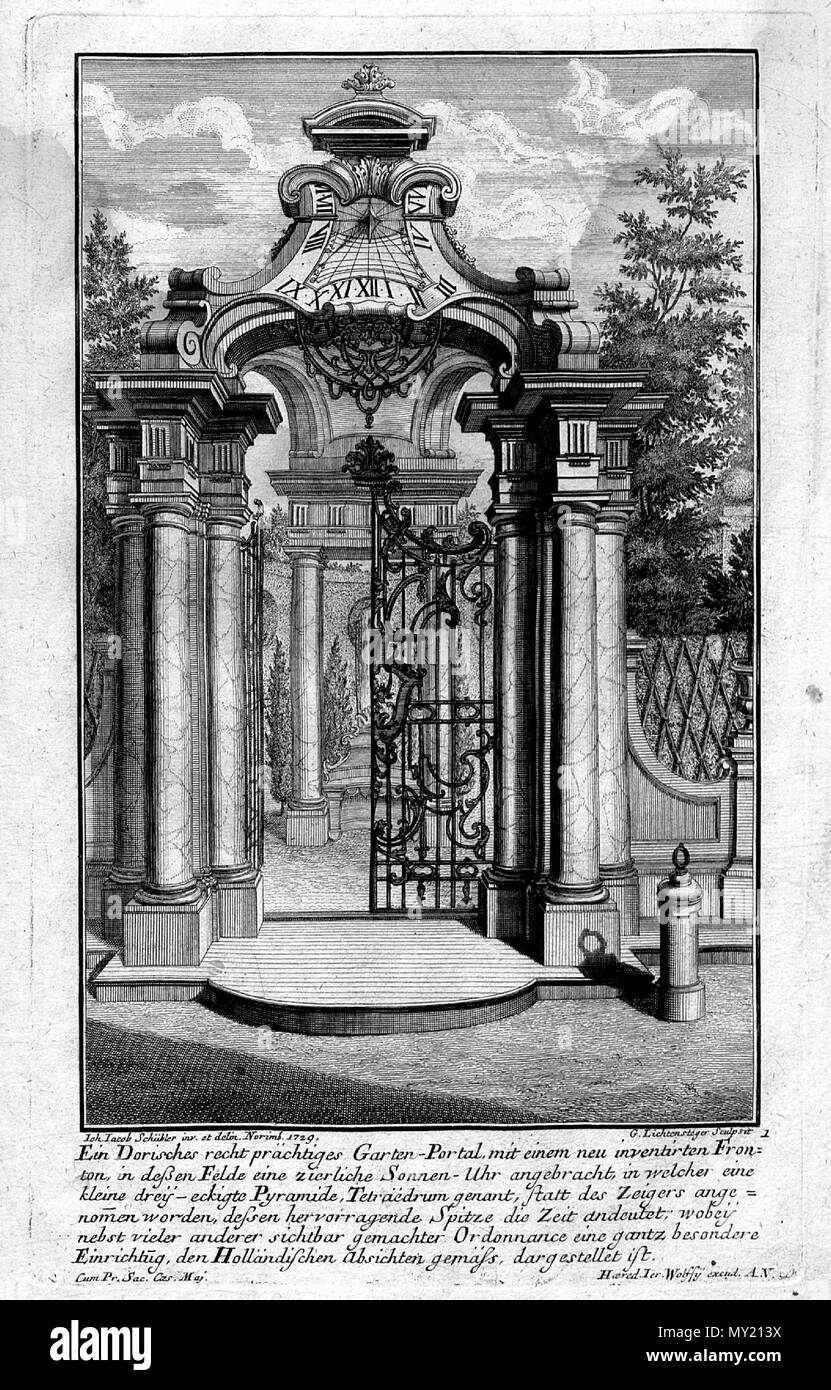 . Englisch: Vorschläge für barocke Architektur und Dekoration. Garten Portal mit Sonnenuhr. English: Vorlagen für barocke Architektur und Bodenbeläge. Ein gartenportal mit Sonnenuhr. ca. 1730. Johann Jacob Schübler 478 Schuebler Portal mit Sonnenuhr Stockfoto