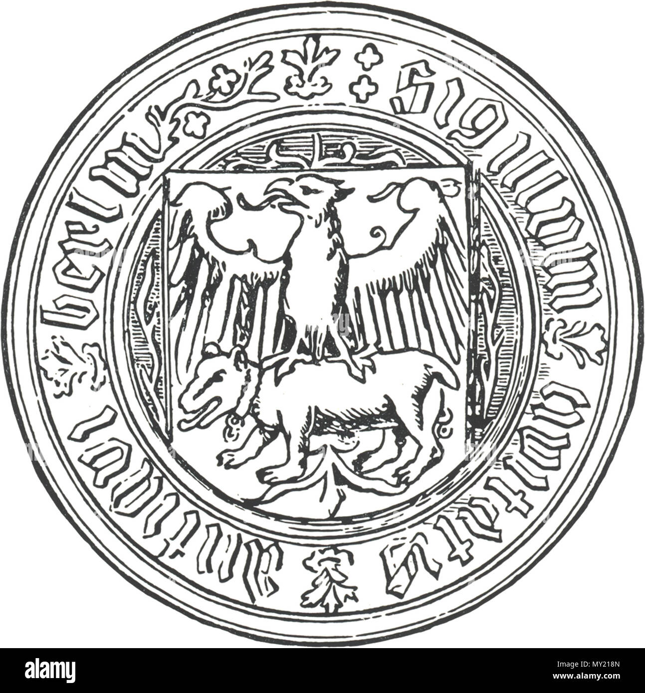 . Deutsch: Das Siegel der Stadt Berlin von 1460 bis 1709, sigillum civtatis antiqui Berlin-Siegel der Altstadt Berlin, Einspritzdüse 40 mm. Englisch: Dichtung von Berlin von 1460 bis 1709. Von 1460 bis 1709. Jwnabd 479 Dichtung Berlin 1460 Scan Stockfoto