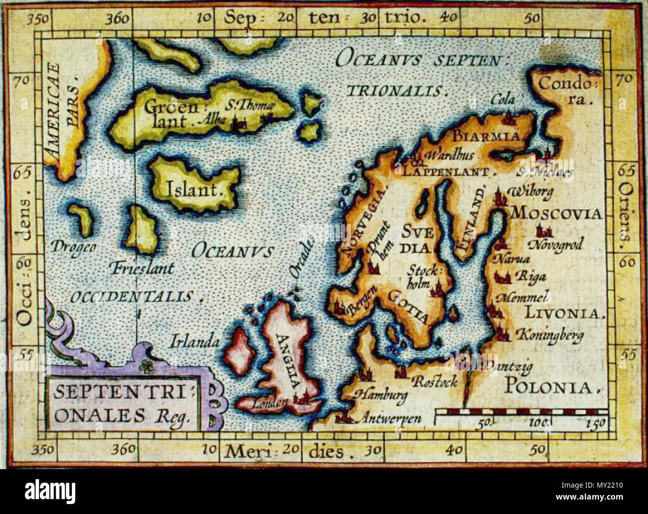 . Der eptrionales Region', einem niederländischen Karte über Nordeuropa (1601). Autor: Johannes Vrients, Niederlande. Quelle: Http://biarmia.narod.ru/17.html. Johannes Vrients 482 Septentrionales Stockfoto