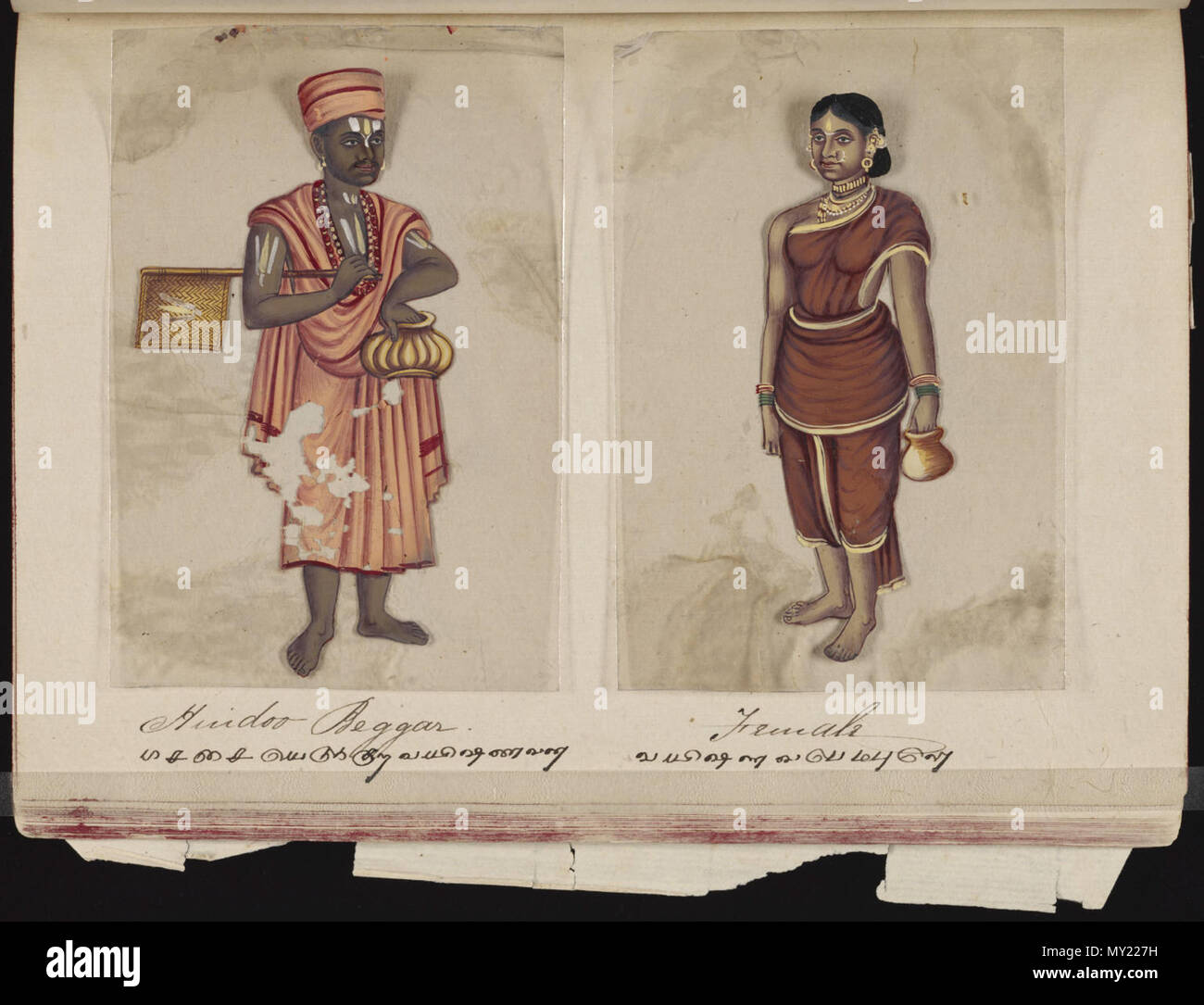 . Eine Seite aus dem Manuskript 70 - zwei Exemplare der Kasten in Indien, die besteht aus 72 full-color handgemalte Bilder von Männern und Frauen der verschiedenen Kasten und Religionen und ethnischen Gruppen in Madura, Indien zu dieser Zeit gefunden. Jede Zeichnung war auf Glimmer, ein transparentes, flockig Mineral, das teilt sich in dünnen, transparenten Platten. Wie auf der Seite Präsentation angegeben, das Album wurde von der Indischen schreiben Master an einer englischen Schule eingerichtet, die von den amerikanischen Missionaren in Madura zusammengestellt, und der Reverend William Twining. Das Manuskript zeigt indianische Kleidung und Schmuck Schmuck in der Stockfoto