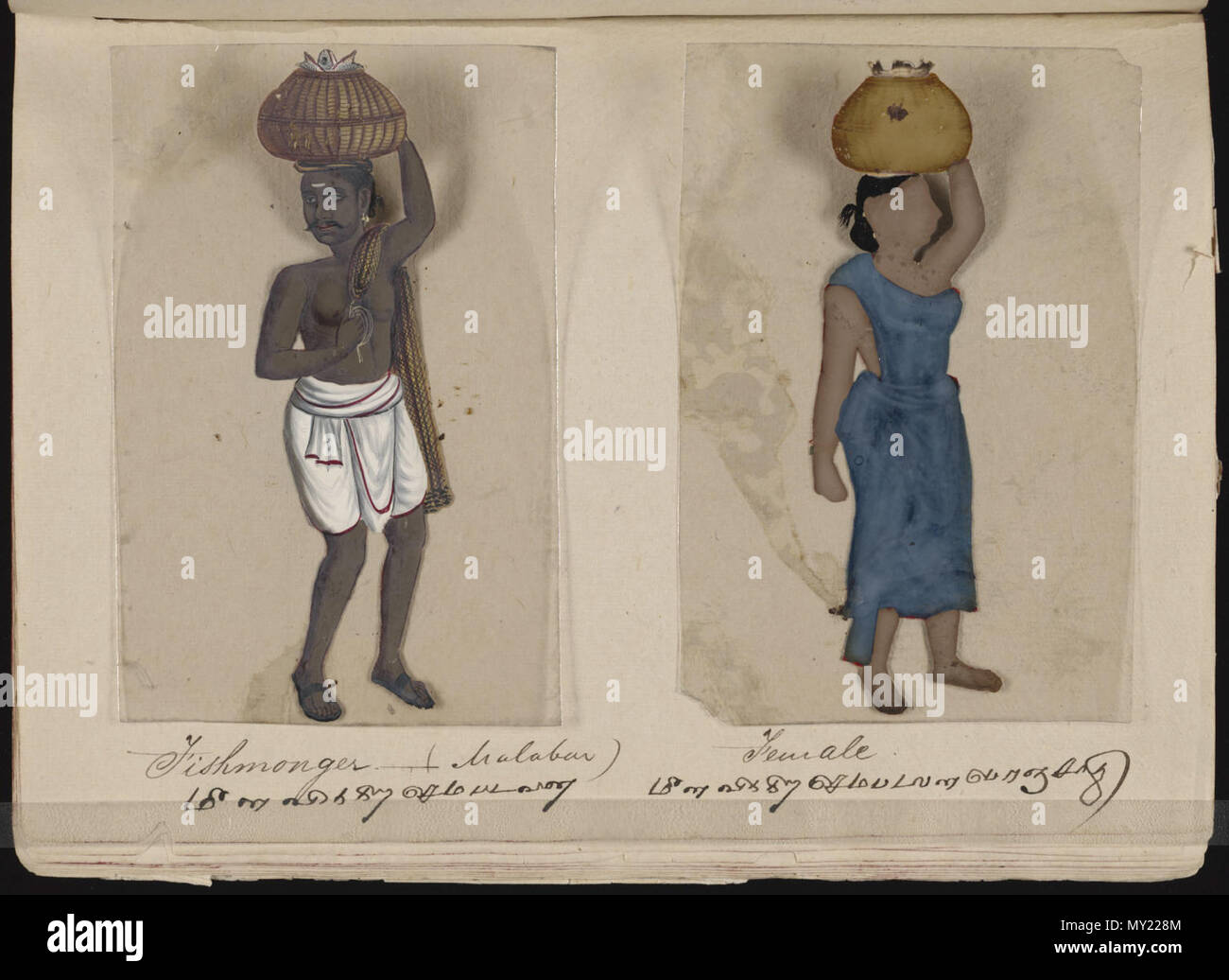 . Eine Seite aus dem Manuskript 70 - zwei Exemplare der Kasten in Indien, die besteht aus 72 full-color handgemalte Bilder von Männern und Frauen der verschiedenen Kasten und Religionen und ethnischen Gruppen in Madura, Indien zu dieser Zeit gefunden. Jede Zeichnung war auf Glimmer, ein transparentes, flockig Mineral, das teilt sich in dünnen, transparenten Platten. Wie auf der Seite Präsentation angegeben, das Album wurde von der Indischen schreiben Master an einer englischen Schule eingerichtet, die von den amerikanischen Missionaren in Madura zusammengestellt, und der Reverend William Twining. Das Manuskript zeigt indianische Kleidung und Schmuck Schmuck in der Stockfoto