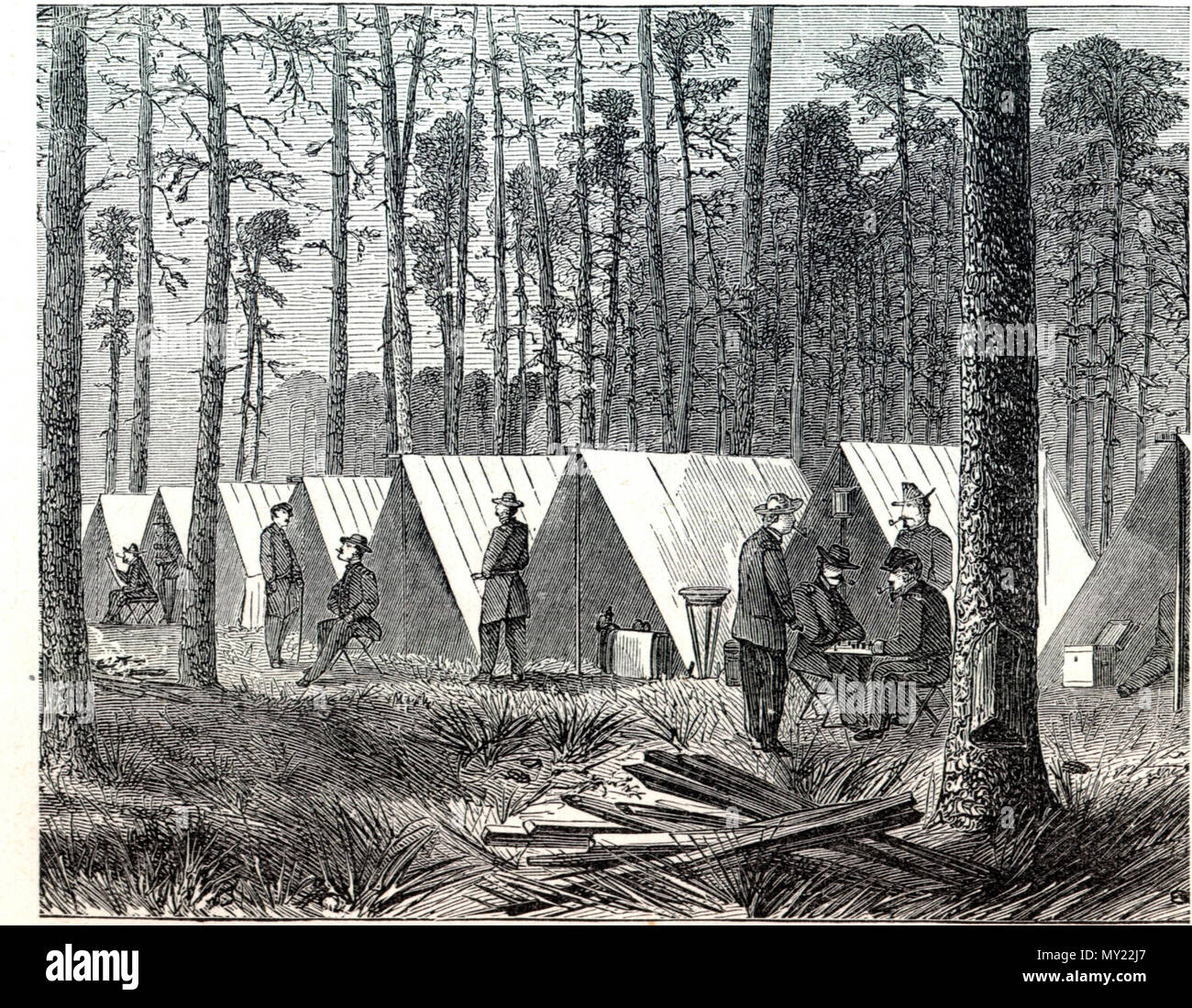 . Englisch: General Sherman Hauptsitz im März auf das Meer. 1864. Harper's Weekly. Français: Le Quartier général de Sherman lors de La Marche vers la mer. Tiefdruck de 1864, parue dans le Harper's Weekly. 1864. Unbekannt 485 Sherman - März - Meer - Hauptsitz Stockfoto