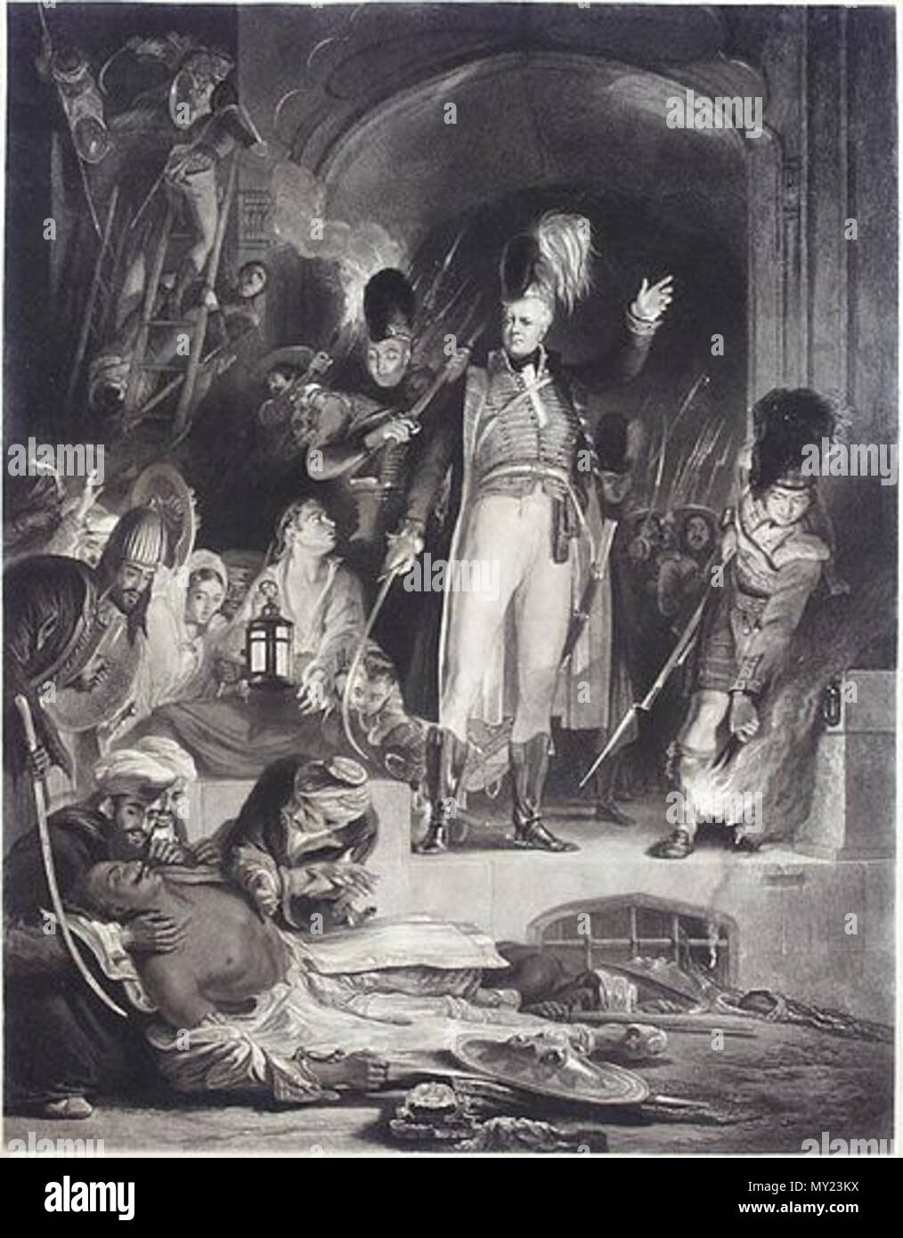 . Englisch: 'Sir David Bairs entdecken den Körper von Tippoo Sultan,' von Sir David Wilkie; ein Stahlstich von John Burnett, 1843. 1843. Sir David Wilkie; ein Stahlstich von John Burnett, 489 Sir David Bairs entdecken den Körper von Tippoo Sultan Stockfoto