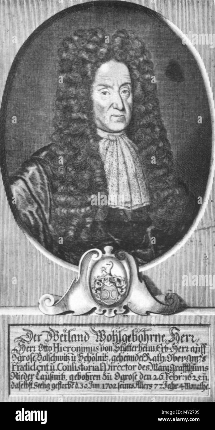 . Deutsch: Otto Hieronymus von Stutterheim (26.02.1625-30.06.1702) Oberamtsregierungspräsident und Konsistorialdirektor der Niederlausitz Der Weiland Wohlgebohrne Herr, Herr Otto Hieronimus von Stutterheim, Erb-Herr Ogrose auff, Bolschwitz u Schölnitz, Ober-Amts geheimder Rath, Präsident u. Consistorial-Director des Marg-Graffthums Nieder Lausitz, zu Ogose gebohren den 26. Febr.: 1625. u. Daselbst seelig gestorben d. 30. Jun 1702 Waden ändert 77. Jahr 4. Monathe. ca. 1702. Unbekannt 506 Stutterheim, Otto Hieronymus von (1625-1702) Stockfoto