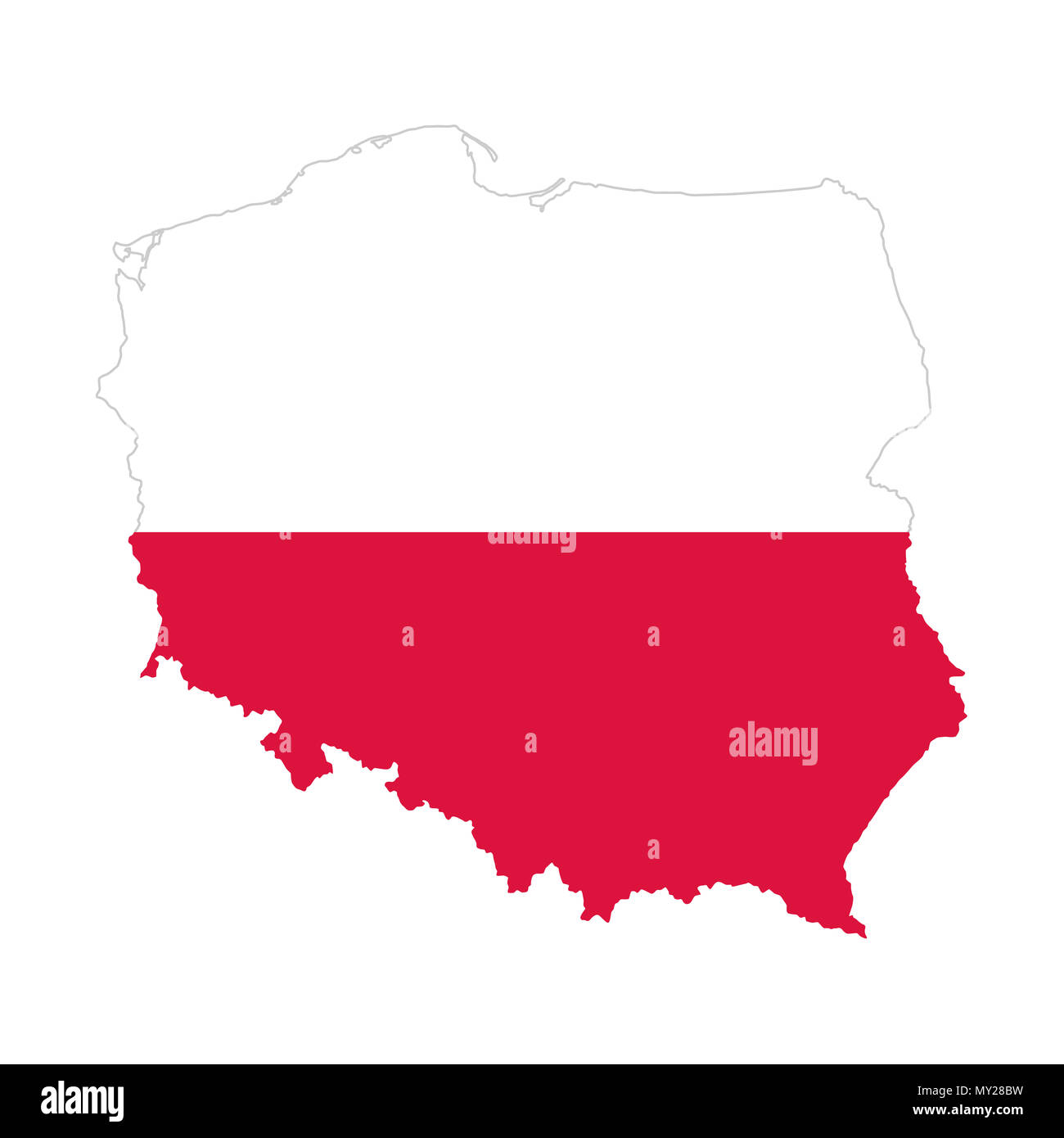 Flagge Polens im Land Silhouette. Bicolor. Zwei horizontale Streifen gleicher Breite, weiß und rot, in der Gliederung der Republik Polen. Stockfoto