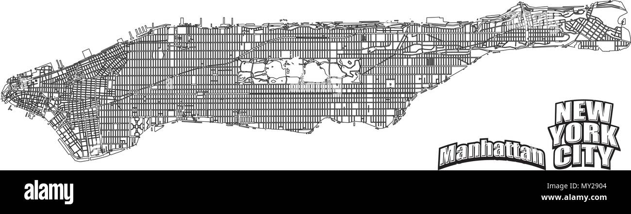 Manhattan Karte horizontale alinged. Sehr detaillierte Version ohne Brücken und Namen. New York und Manhattan logo separat in vector Version gruppiert. Stock Vektor