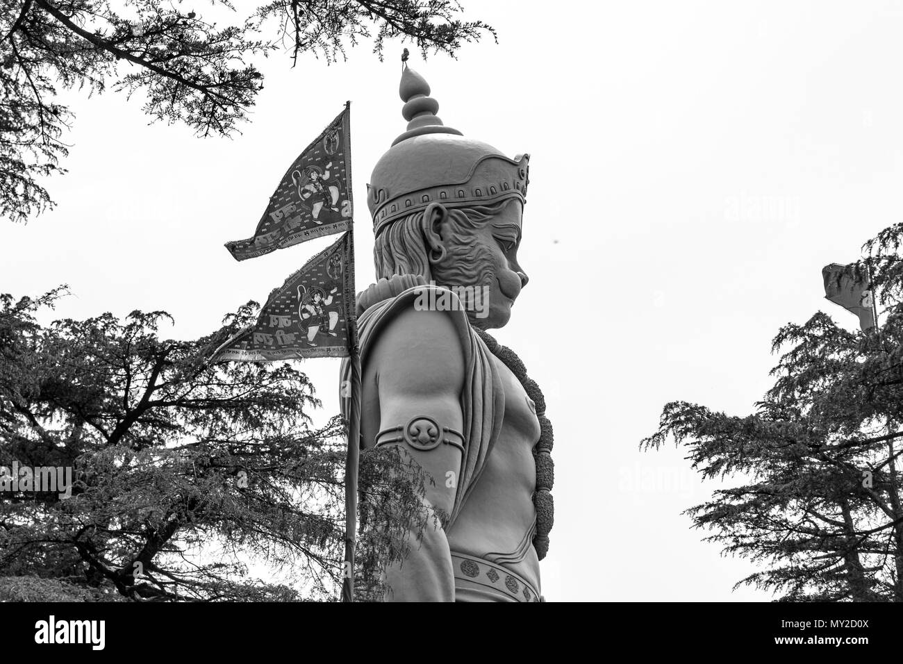 Herr Hanuman Statue in Jakhu Tempel in der schönen Stadt Shimla, Himachal Pradesh, Indien. Hindi Text bedeutet "Hagel Herr Ram". Stockfoto