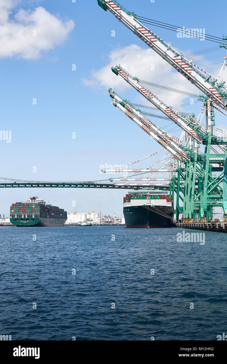 Die riesigen Containerschiffe, Waage, Be- und Entladen mit dem SEAMAX NEW HAVEN, Hinter, in den Hafen von Los Angeles, Kalifornien, USA. Stockfoto