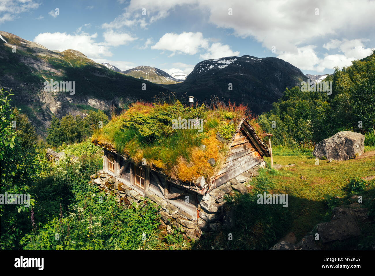 Das Gras-roofed Häuser in Norwegen Stockfoto