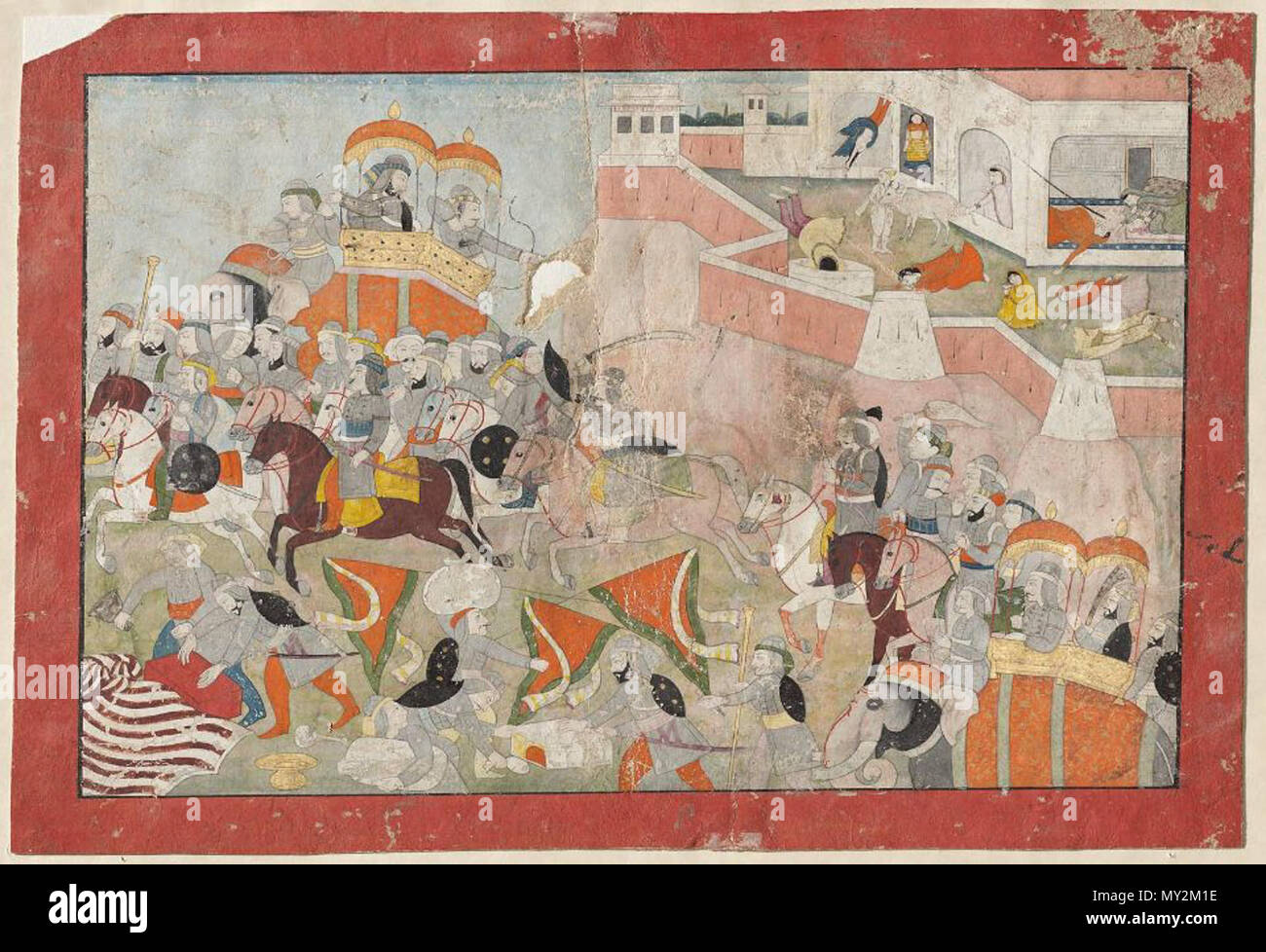 . Englisch: Sultan Alau 'dDin zu Flug; Frauen Jauhar Ranthambhor verpflichten, Indischen, Pahari, über 1825 Die Familie von Nainsukh, Kangra Stil, Punjab Hügel, Nordindien Abmessungen gesamt: 22,2 x 32,6 cm (8 3/4 x 12 13/16 in.) Bild: 19,2 x 29 cm (7 9/16 x 11 7/16 in.) Medium oder Technik opak Aquarell auf Papier. 1825. Die Familie der Nainsukh, 507 Sultan Alau 'dDin zu Flug Stockfoto