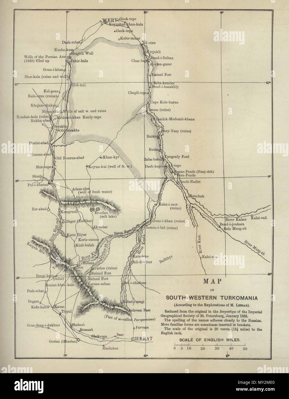. Englisch: 'Map der South Western Turkomania' (jetzt Turkmenistan) aus dem Schottischen geographischen Zeitschrift. Von der Schottischen geographischen Gesellschaft veröffentlicht und von Arthur Silva Weiß bearbeitet werden. Band III, 1887. 1887. Unbekannt 509 Sw turkomania 1887 Stockfoto
