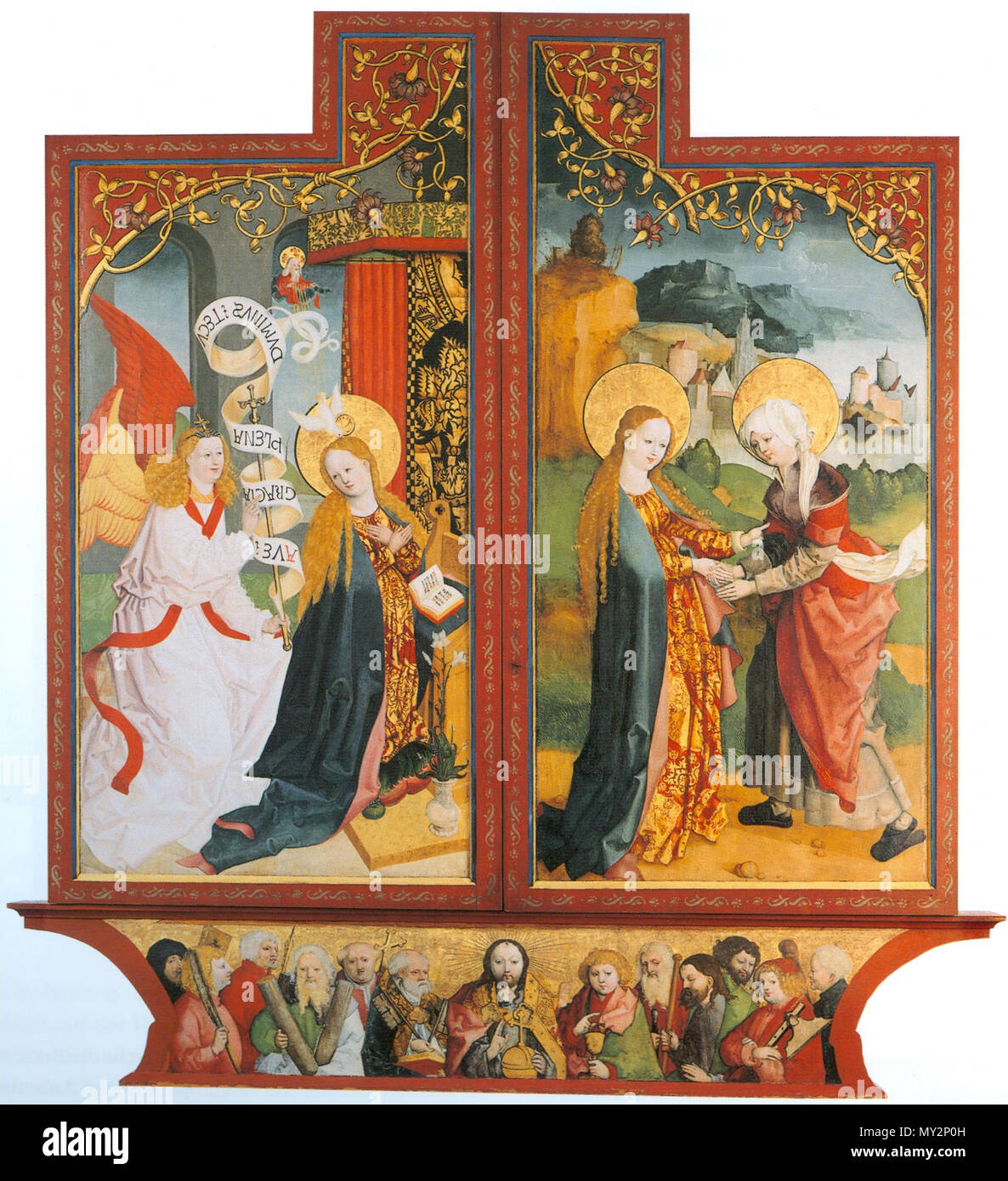 . Thalheimer Retabel Flügel, links außen: Verkündigung Flügel, rechts außen: Heimsuchung Predella: Christus mit zwölf Aposteln. ca. 1518. Meister des Thalheimer Altäre, ehemals dem Meister von Meßkirch zugeschrieben 517 Thalheimer Retabel Aussenseite Stockfoto